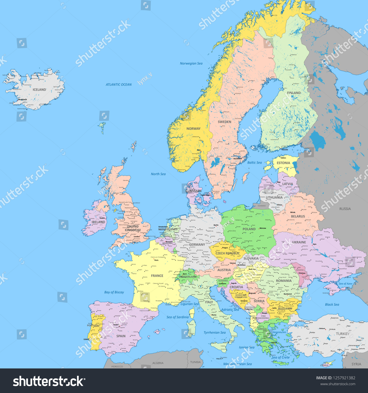 Europe Political Map High Detail Color Stock Vector Royalty Free