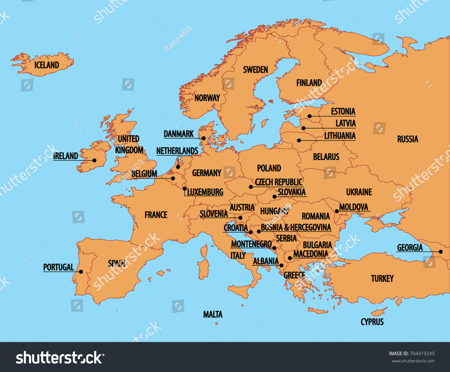 Europe Simple Map Country Names Stock Vector Royalty Free 704419249