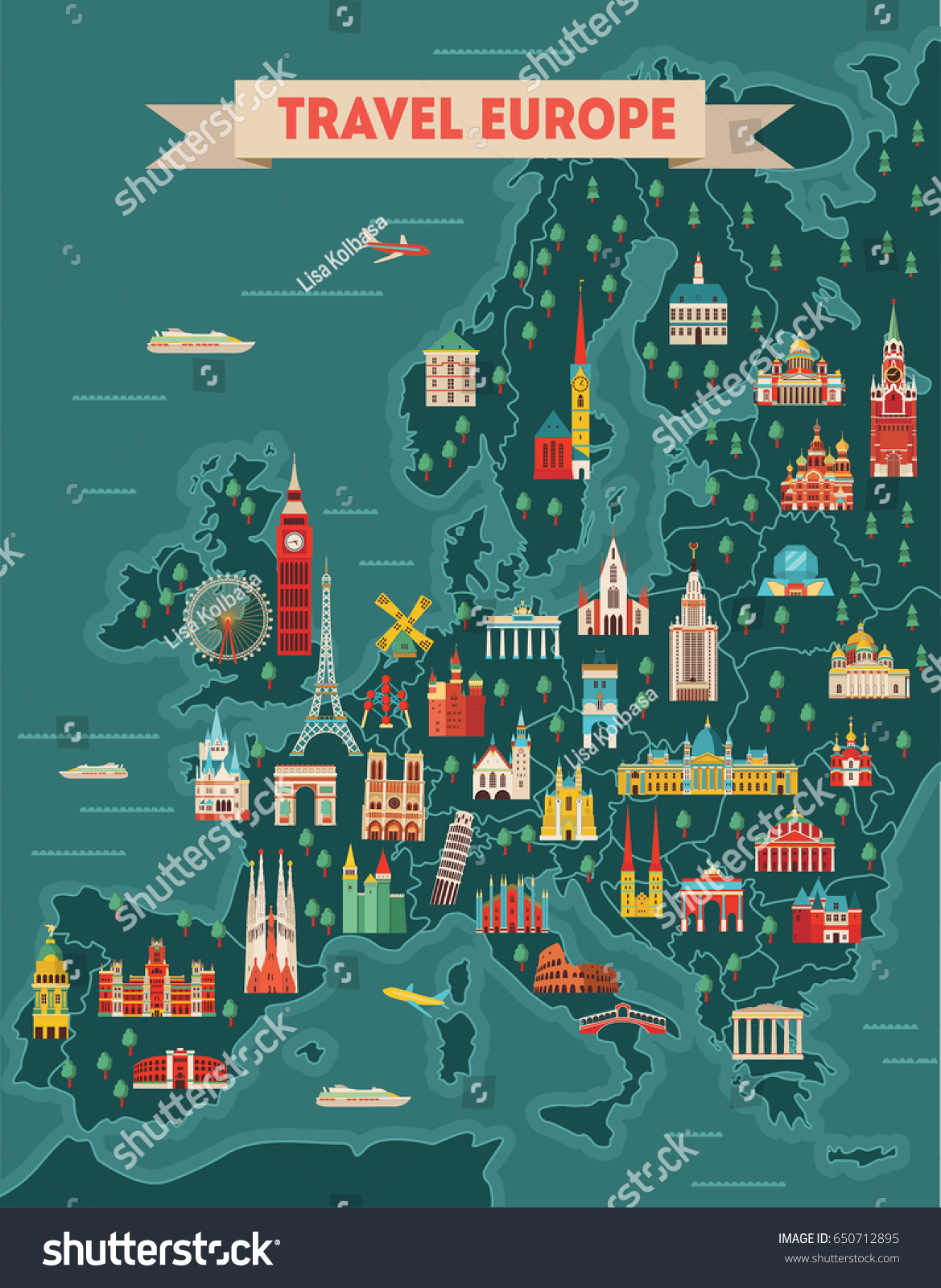 Europe Travel Map Poster Travel Tourism Stock Vector 650712895 - Shutterstock1169 x 1600