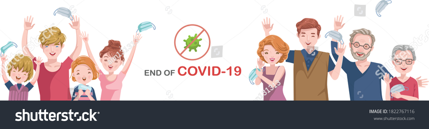 SVG of European family. Gestures very happy. Cheers! remove midical mask. Concept back to schoo. End of COVID-19. Successful treatment. Vaccine against COVID-19. No pollution. svg