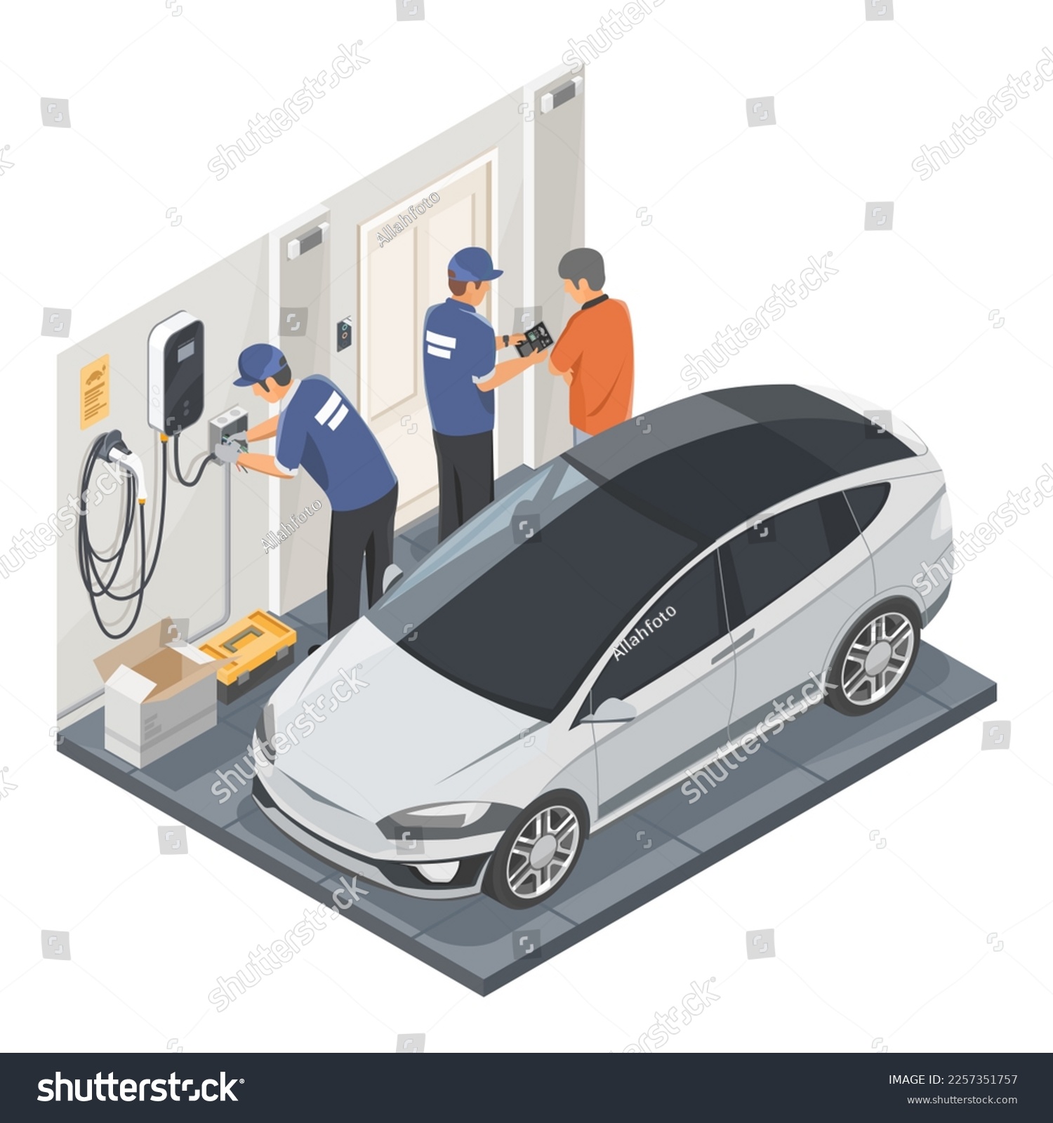 SVG of EV Charger Home installation Concept with car Technician use tablet to advise customer to Repair and Maintenance and install House Service isometric isolated illustration cartoon svg