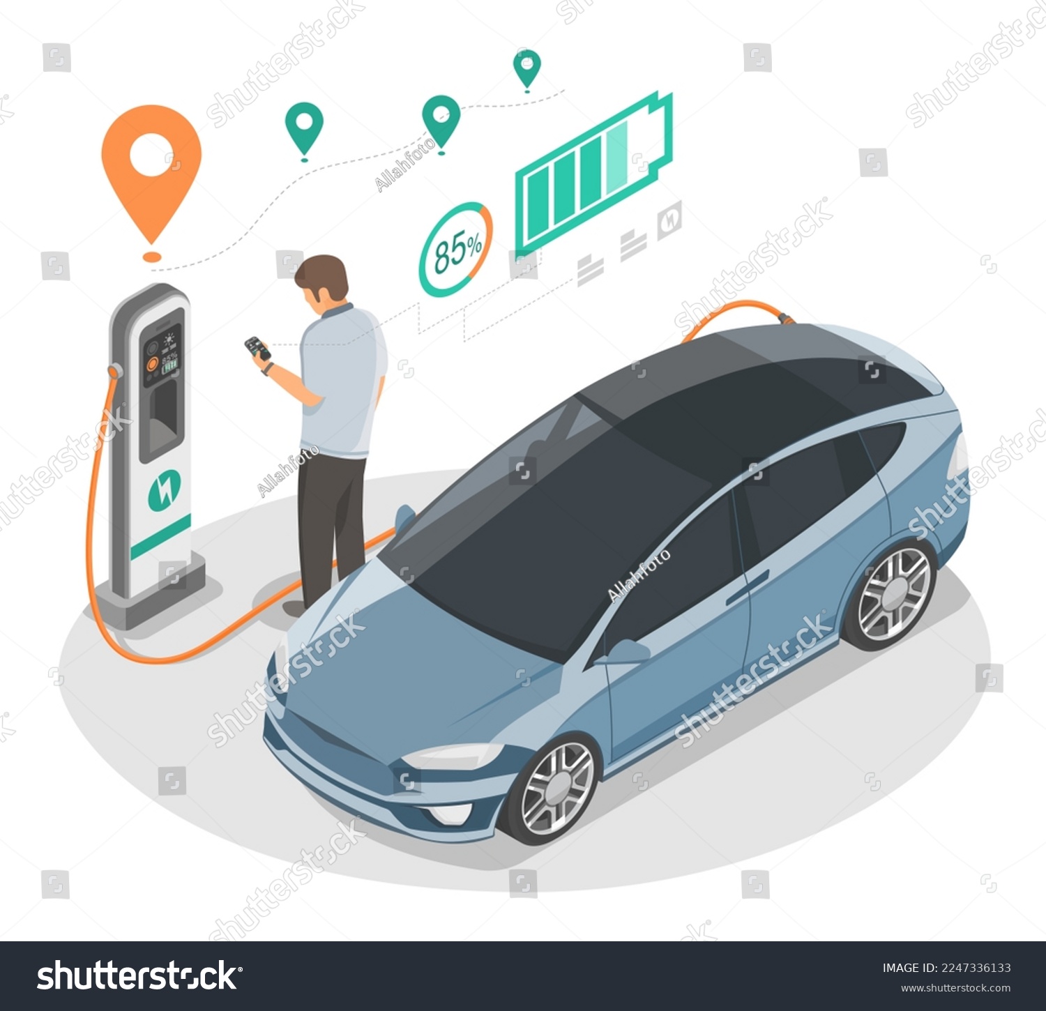 SVG of EV Electric Car stop at Charging Station Concept Men use smartphone to planning check location map and pay monitoring in between travel time and go work isometric vector isolated svg