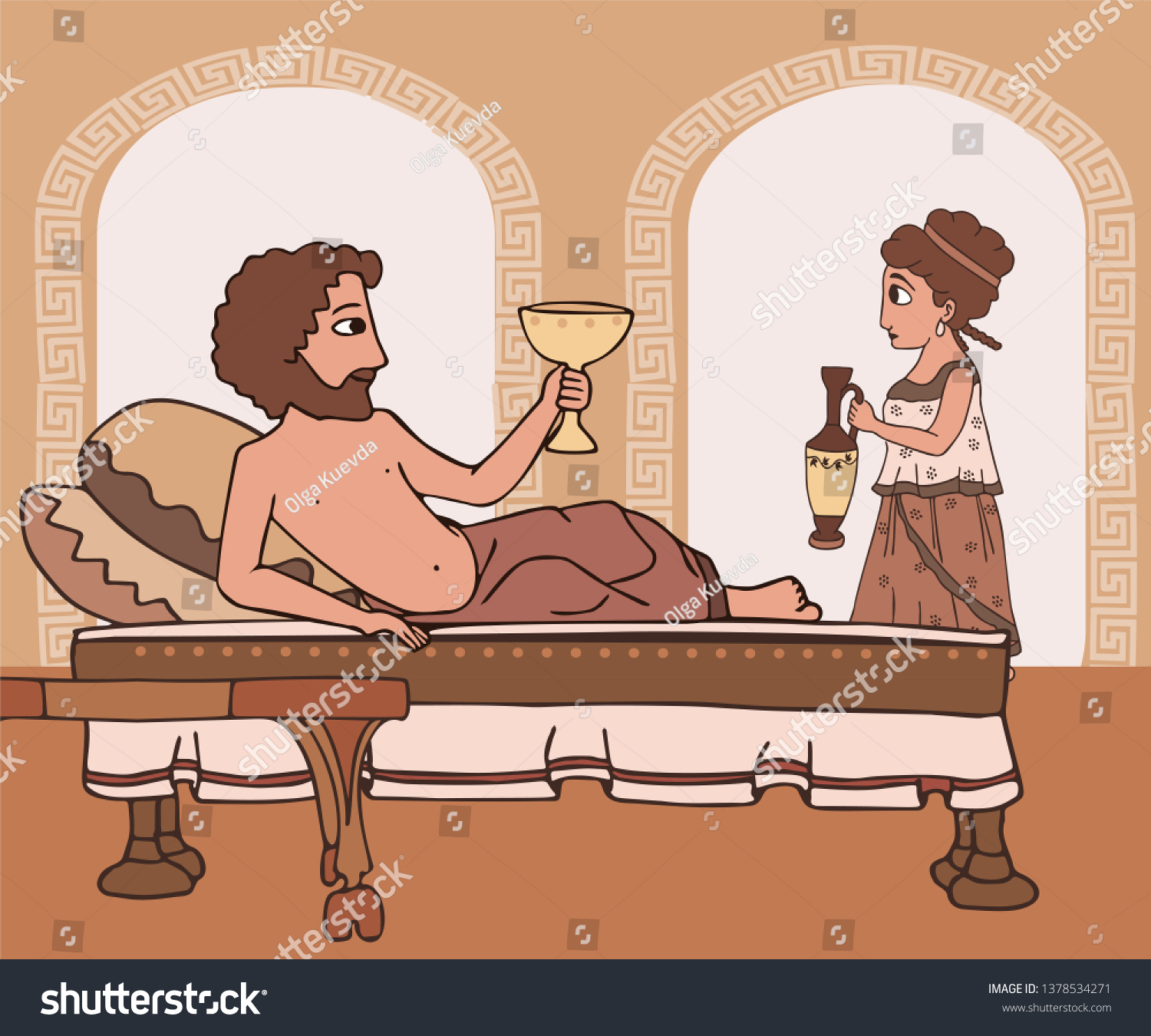 SVG of every day life in Ancient Greece, man drinking wine lying on the bed, woman bringing jug, vector cartoon historic scene svg