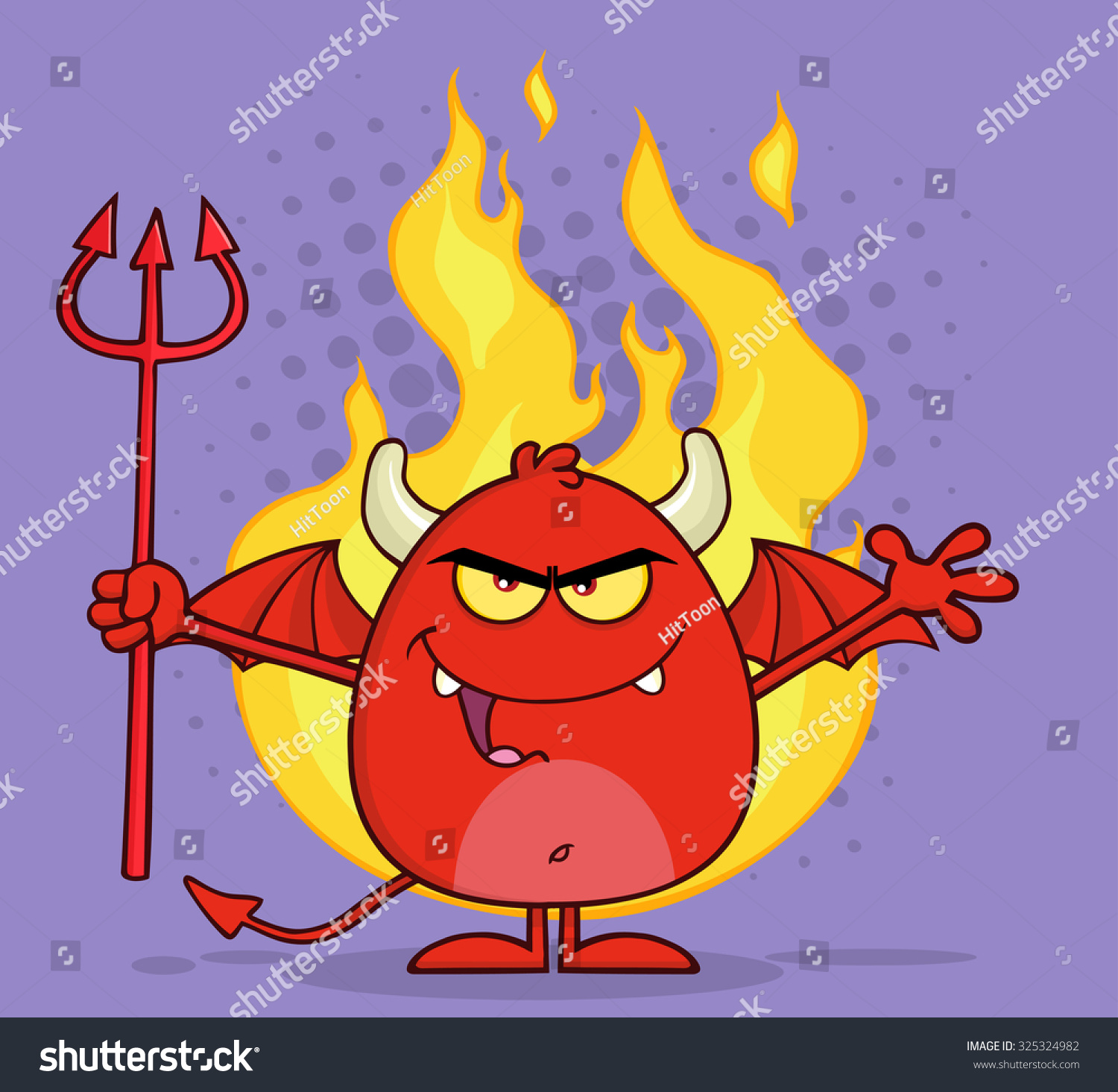 Evil Red Devil Cartoon Character Holding A Pitchfork Over Flames ...