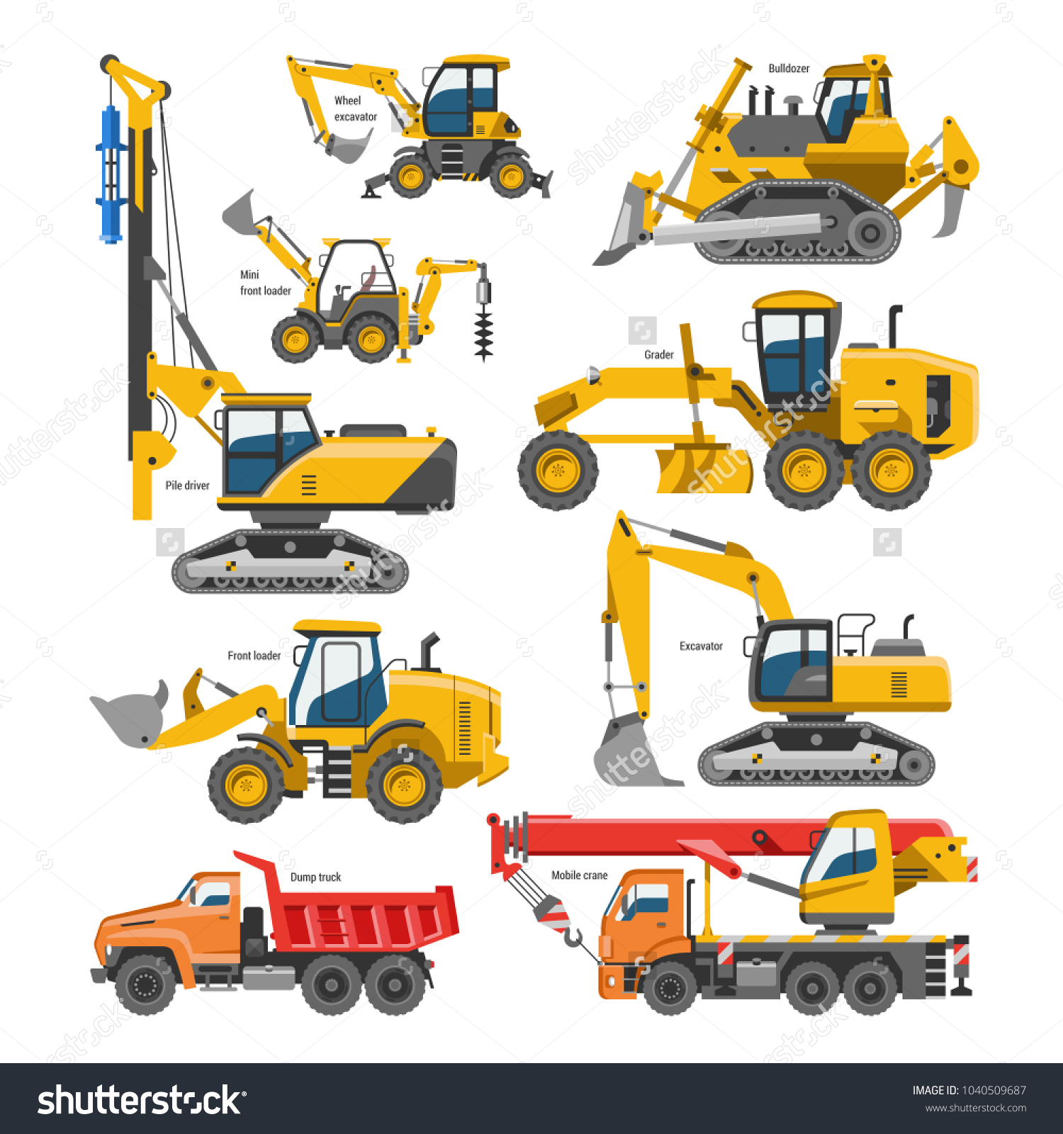 Excavator Construction Vector Digger Bulldozer Excavating Stock Vector Royalty Free 1040509687