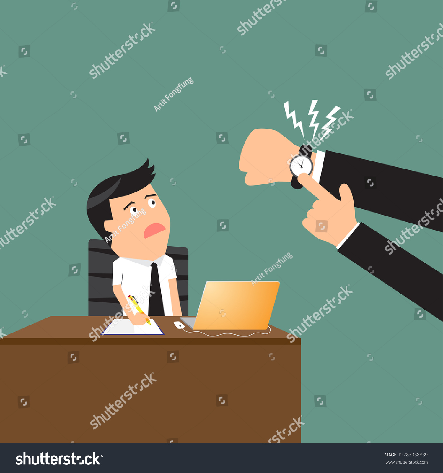 Exhausted Cartoon Businessman Sitting At Workplace In Office And ...