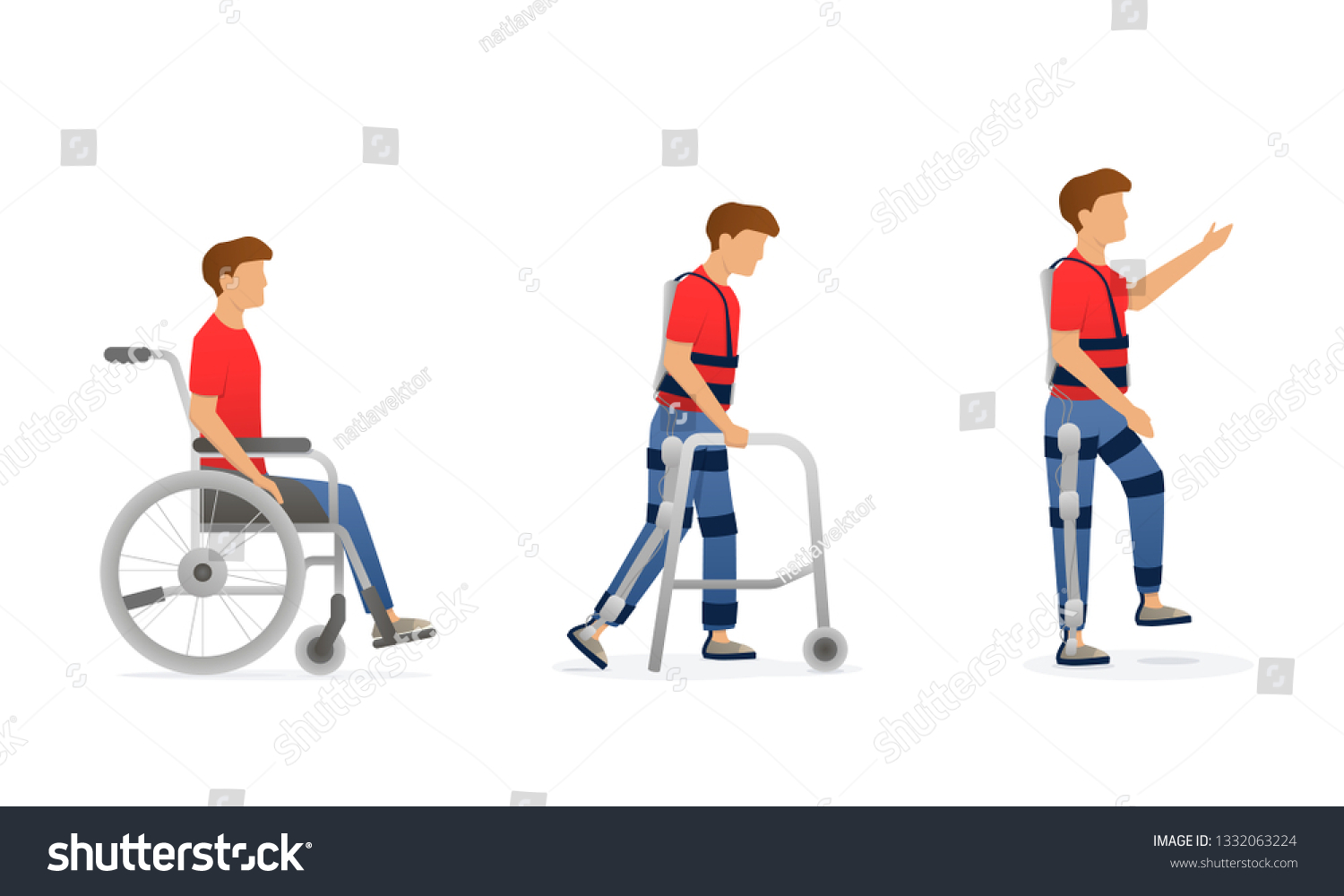 エグゾスケルトンリハビリ 障害者の進化 車いすのキャラクター 松葉杖をつき エキゾスーツで歩く ベクターイラスト のベクター画像素材 ロイヤリティフリー
