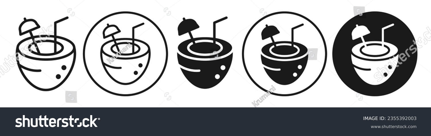 SVG of Exotic Coconut drink icon. Vector symbol of tropical fruit juice with straw. Flat outline set of summer virgin coco oil shake. Logo sign of natural raw organic beach travel green coconut oil milk.  svg