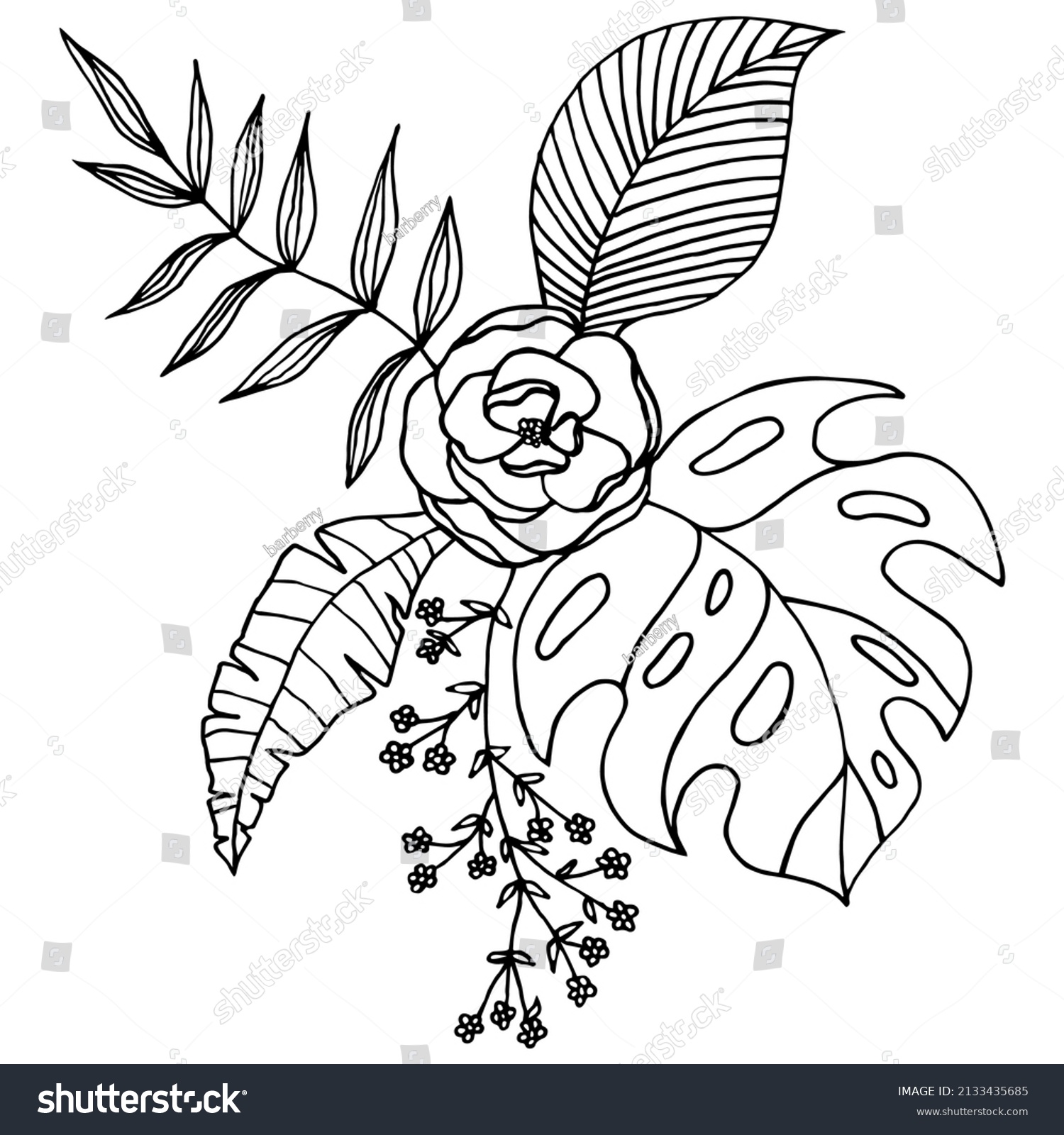 Exotic Flowers Tropical Leaves Black White Stock Vector Royalty Free 2133435685 Shutterstock 0074