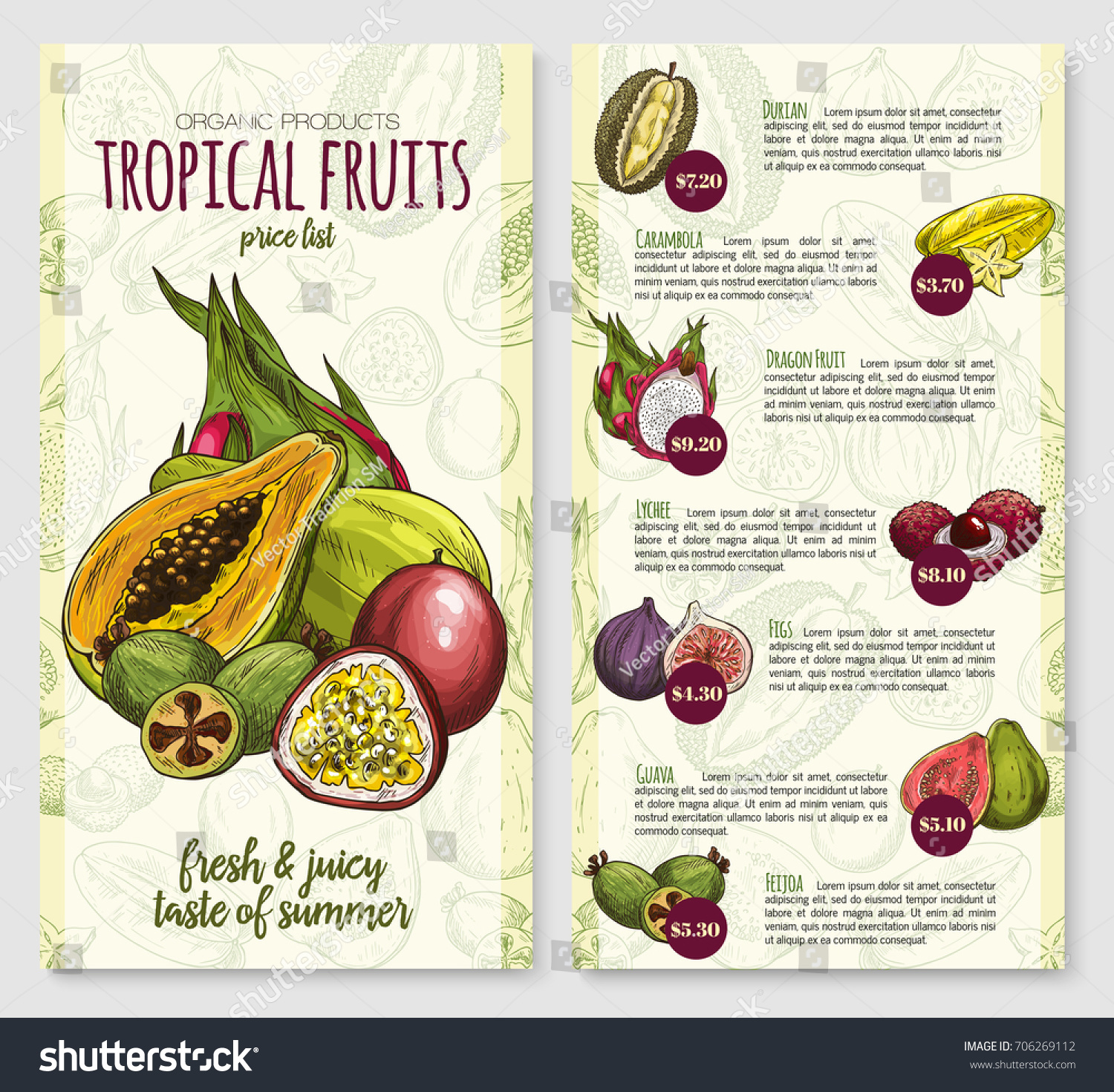 exotic tropical fruits price list poster stock vector 706269112