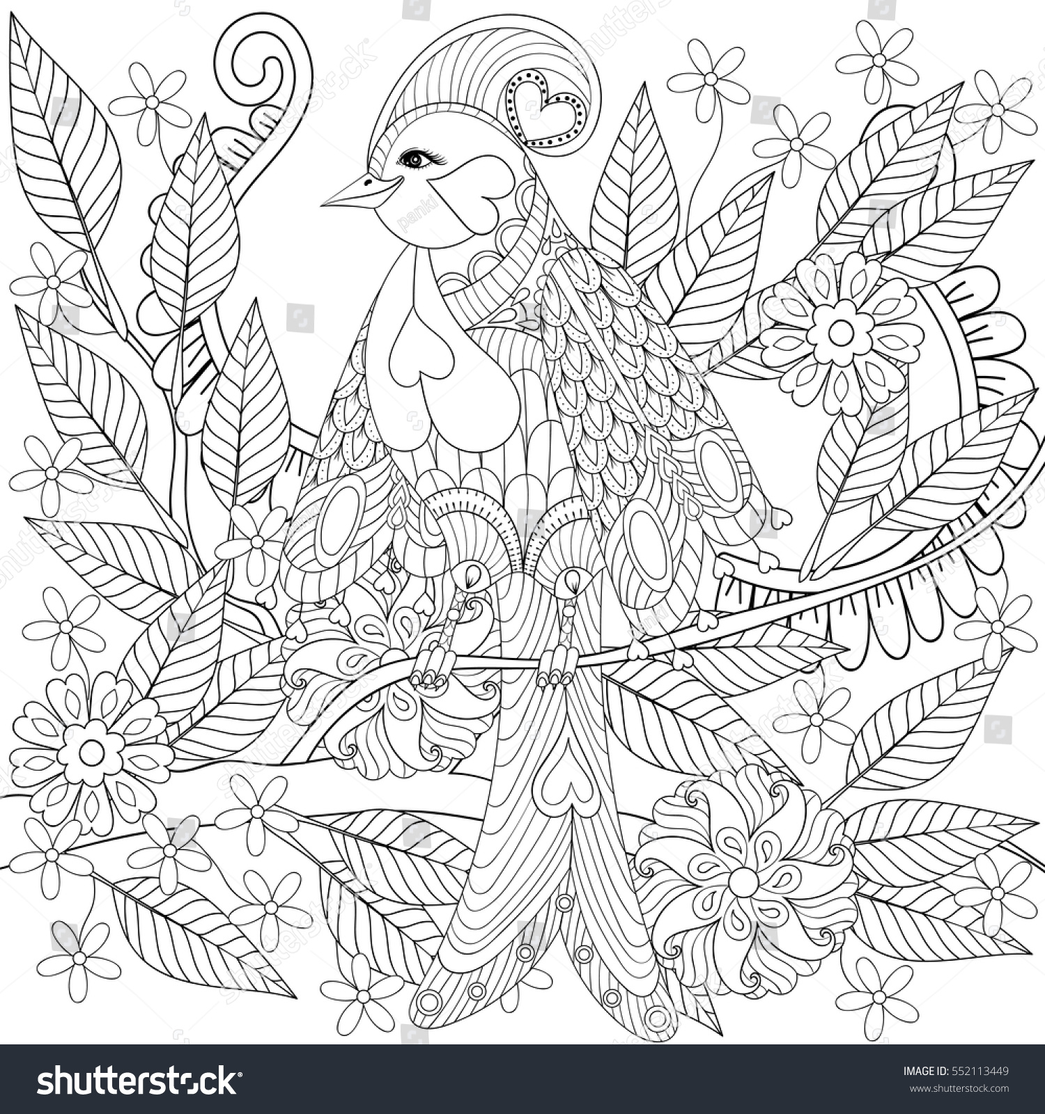 stock-vector-exotic-tropical-zentangle-bird-sitting-on-branch-with-flowers-for-adult-anti-stress-coloring-page-552113449