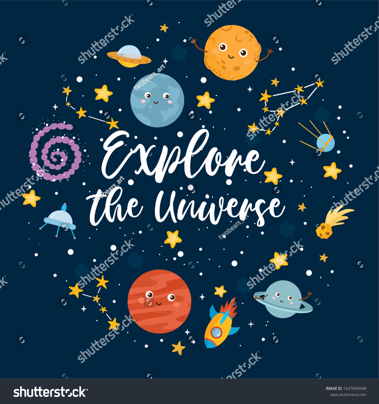 explore universe greeting card kids illustration stock