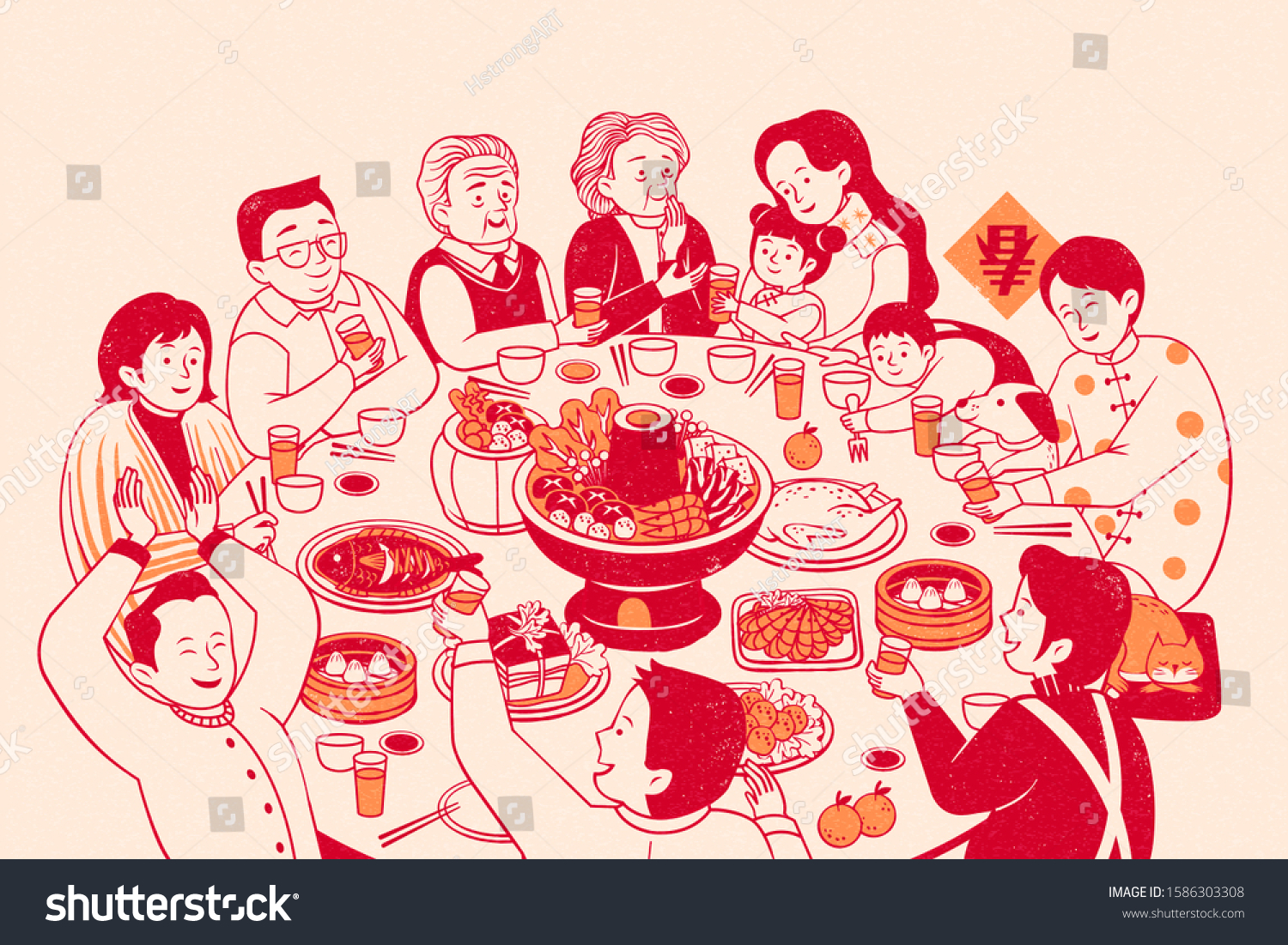 SVG of Extended family lively reunion dinner in line style on beige background, Chinese text translation: spring svg