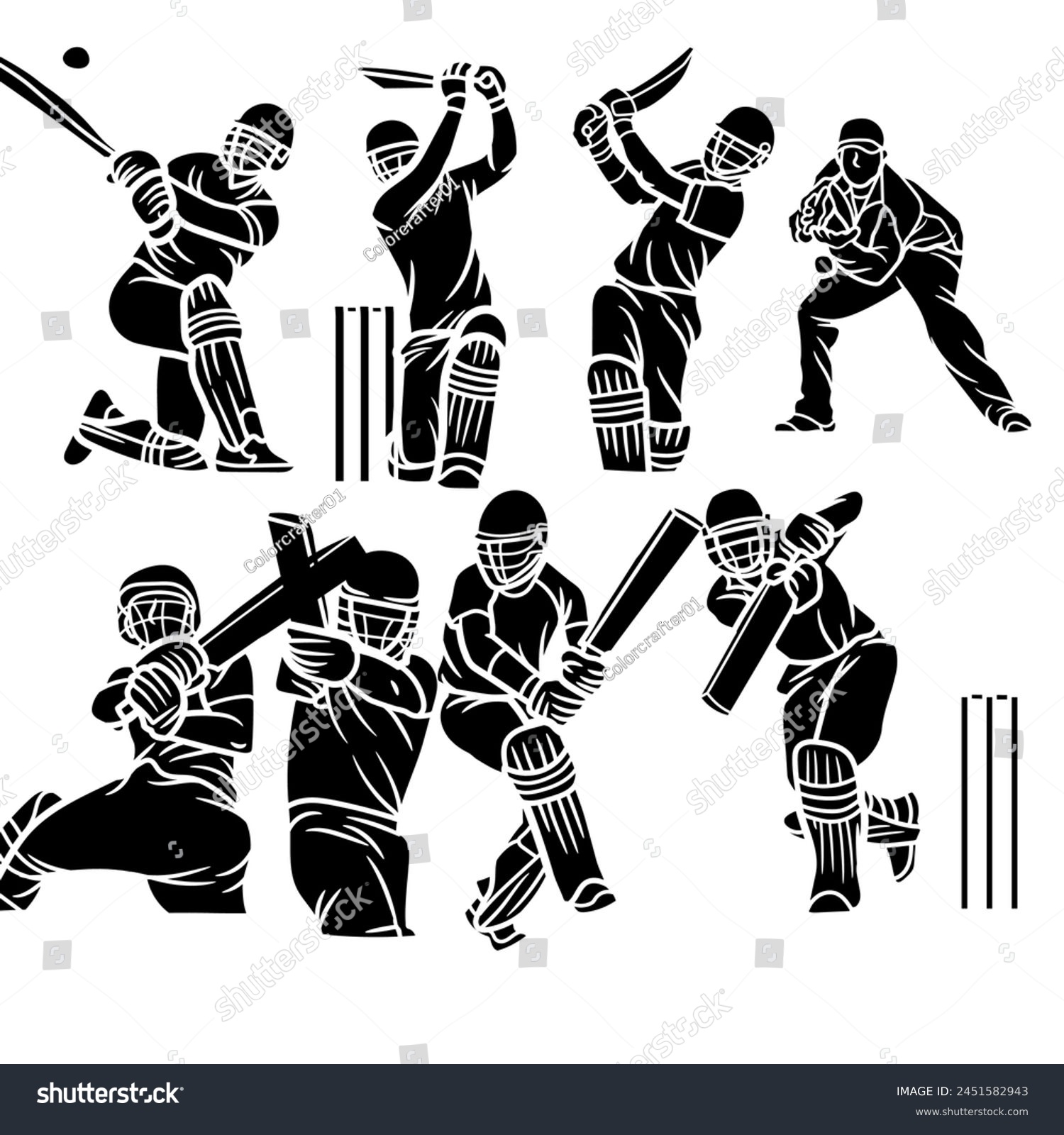 SVG of Extensive collection of cricket player silhouettes, including batsmen, bowlers, and cricket-related elements svg