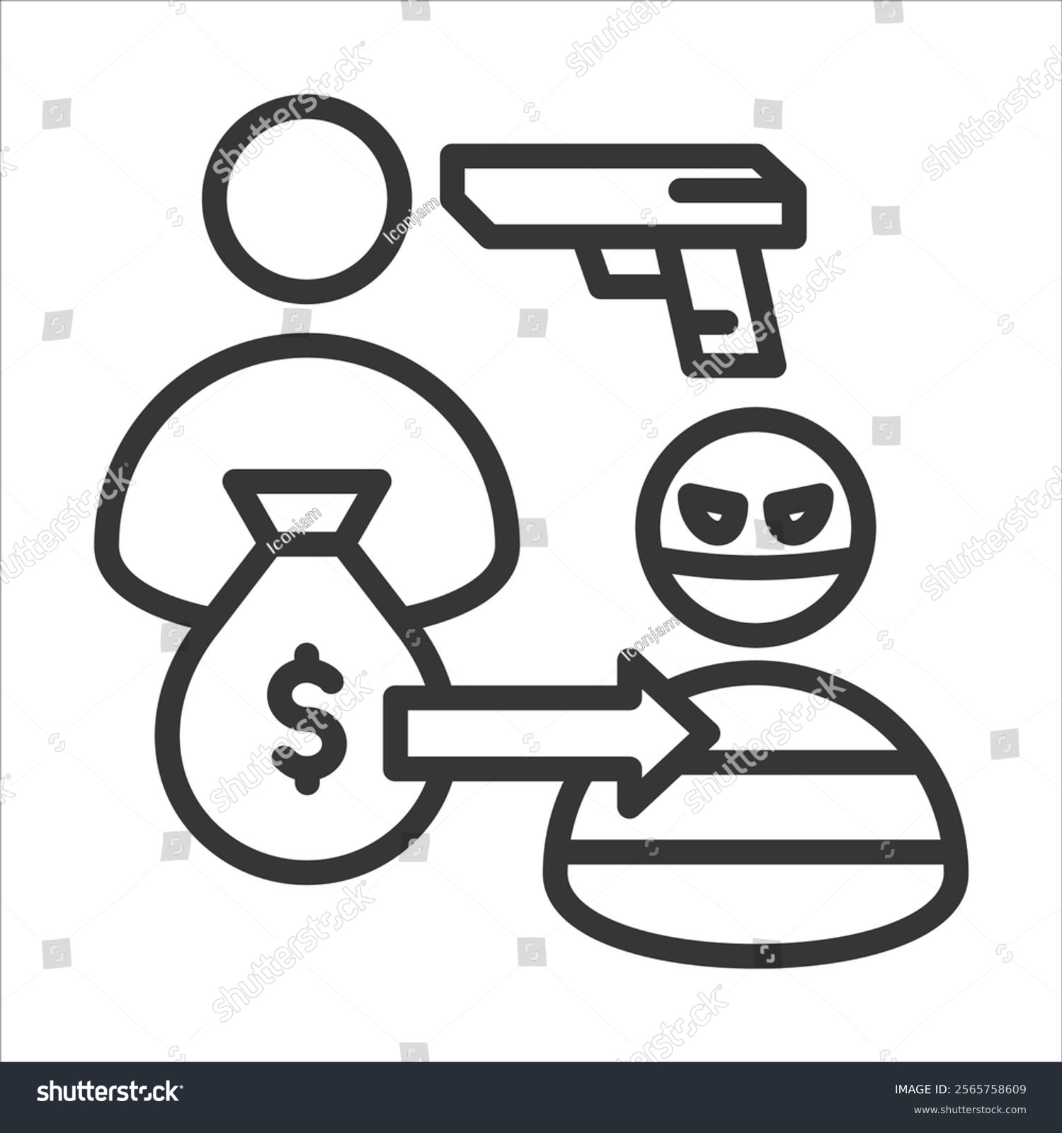 robbery scene: gun, money bag, thief, victim clip art preview