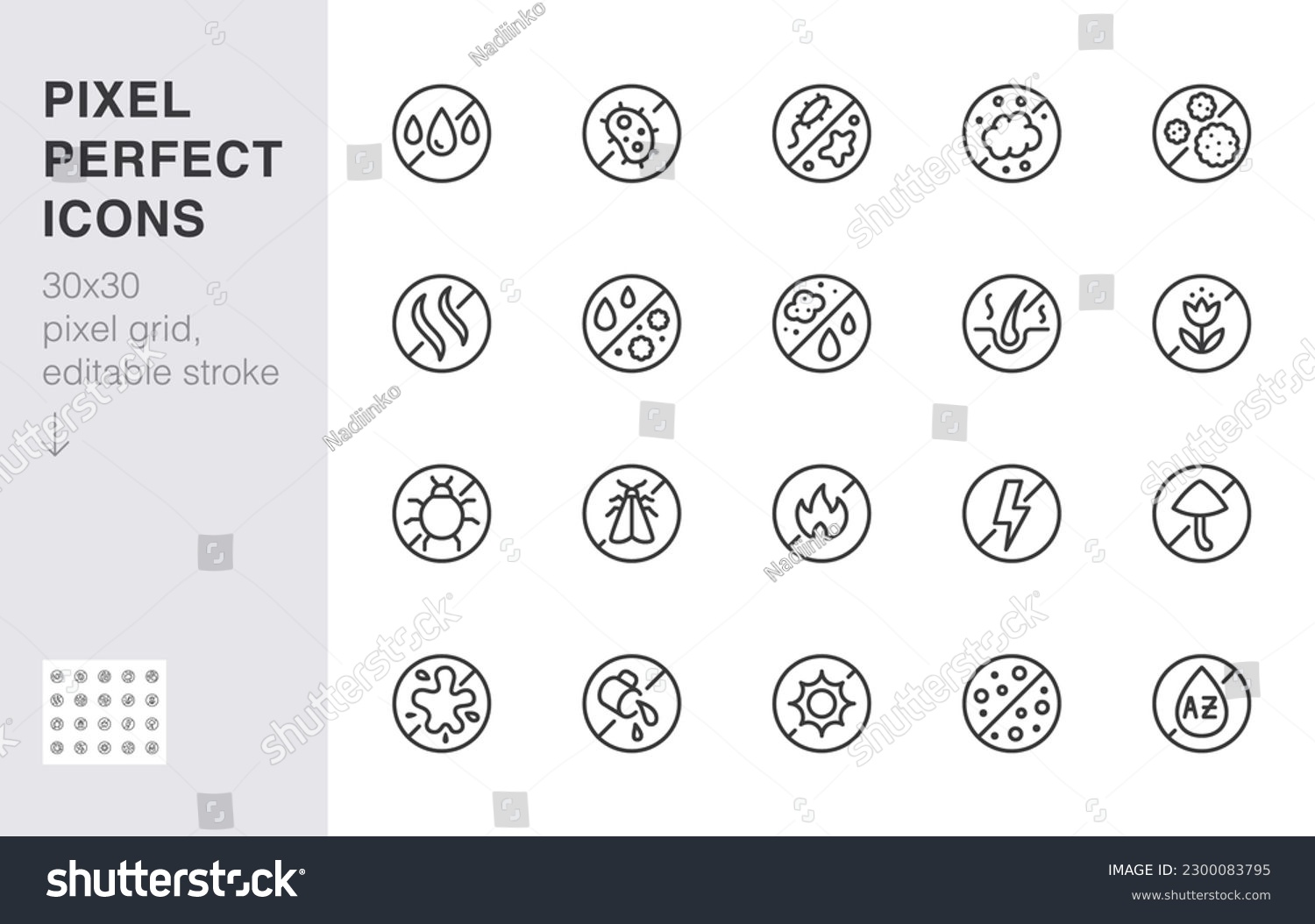 SVG of Fabric material protection line icon set. Sweat resistant, antibacterial proof, antistatic minimal vector illustration. Simple outline sign for clothing material. 30x30 Pixel Perfect, Editable Stroke svg
