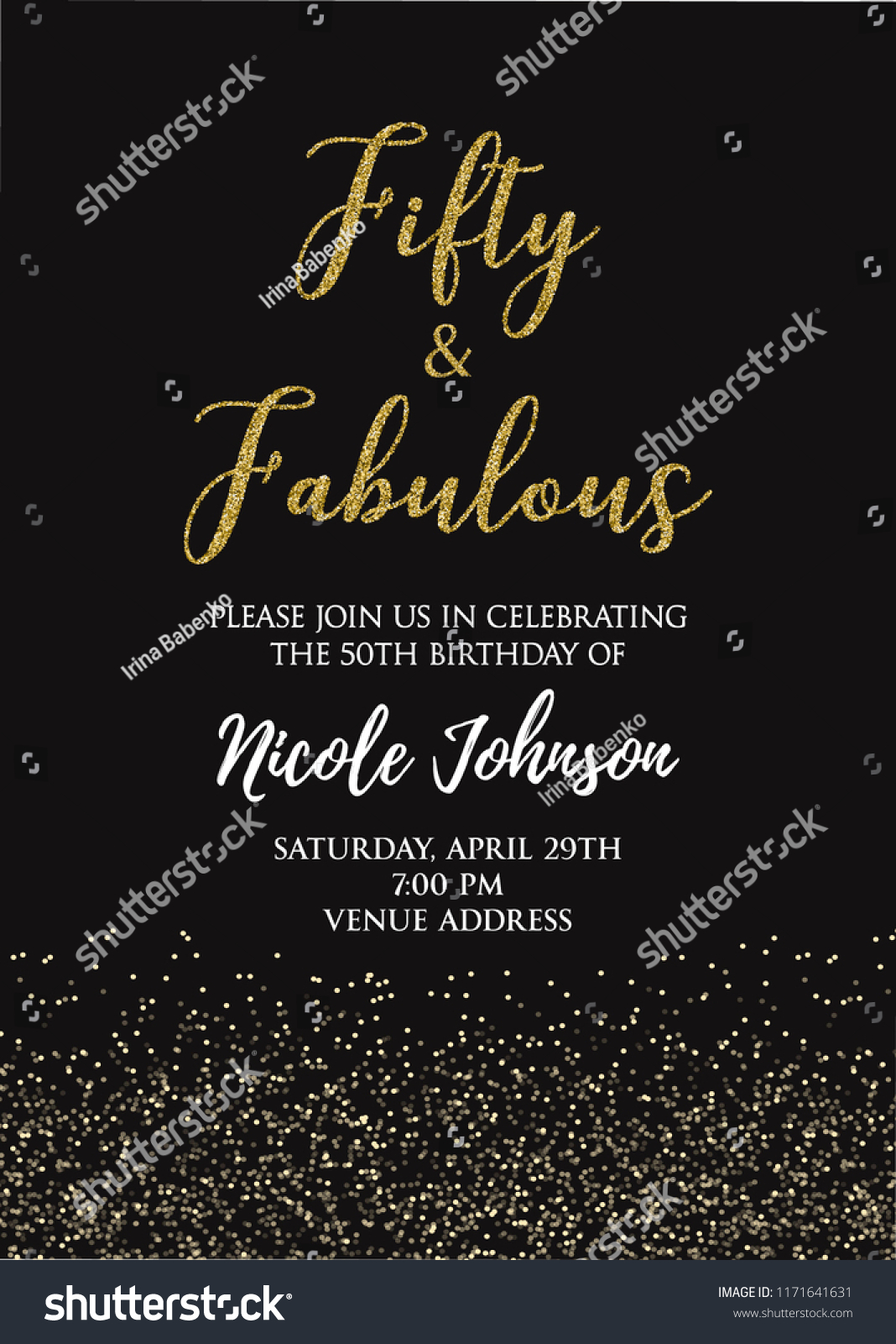 SVG of Fabulous Fifty birthday party vector printable invitation card with golden glitter elements. svg