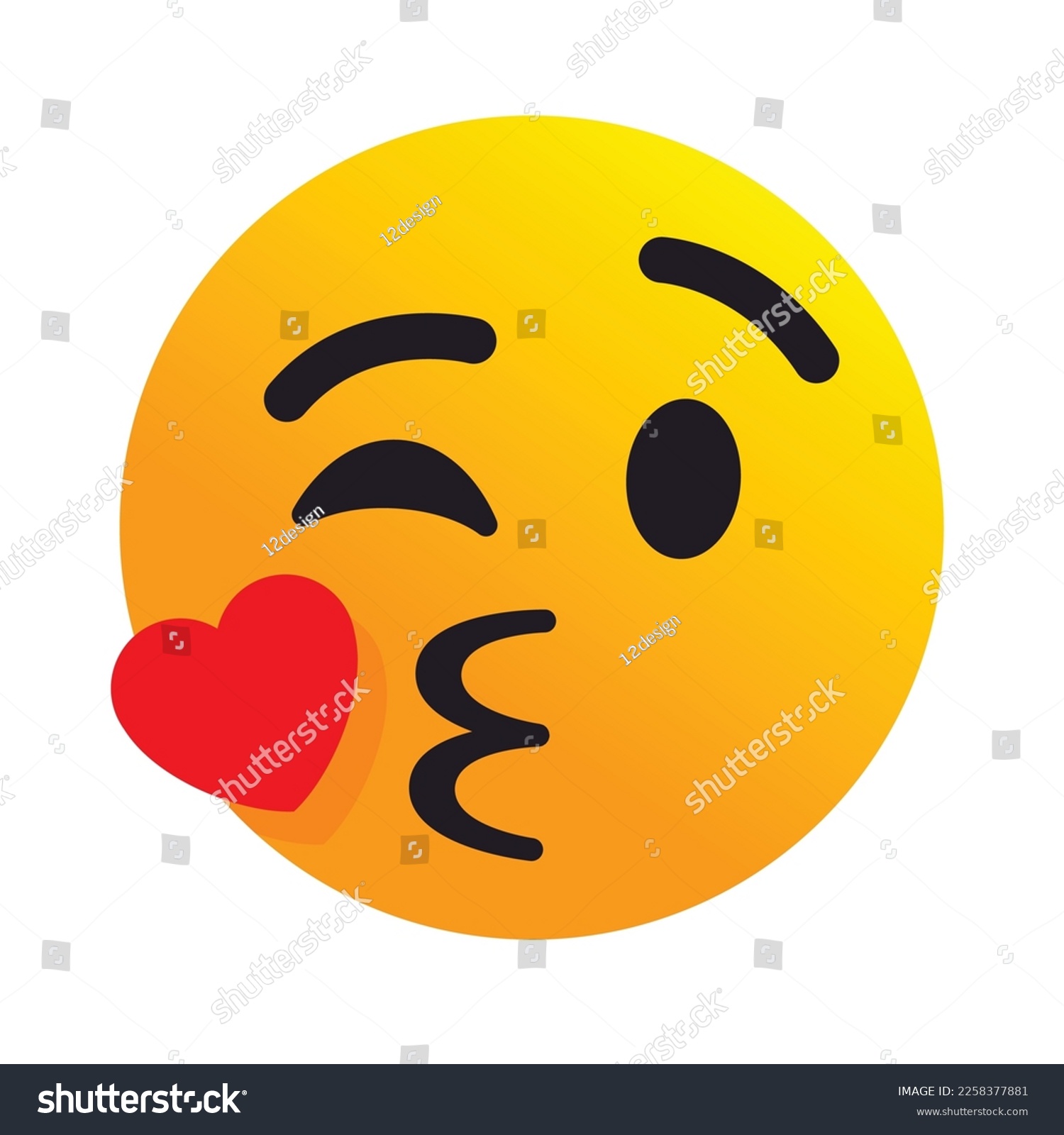 SVG of Face Blowing a Kiss vector icon. Isolated yellow face winking with puckered lips blowing a kiss, depicted as a small, red heart. Goodbye, good night, kiss sign sticker.  svg