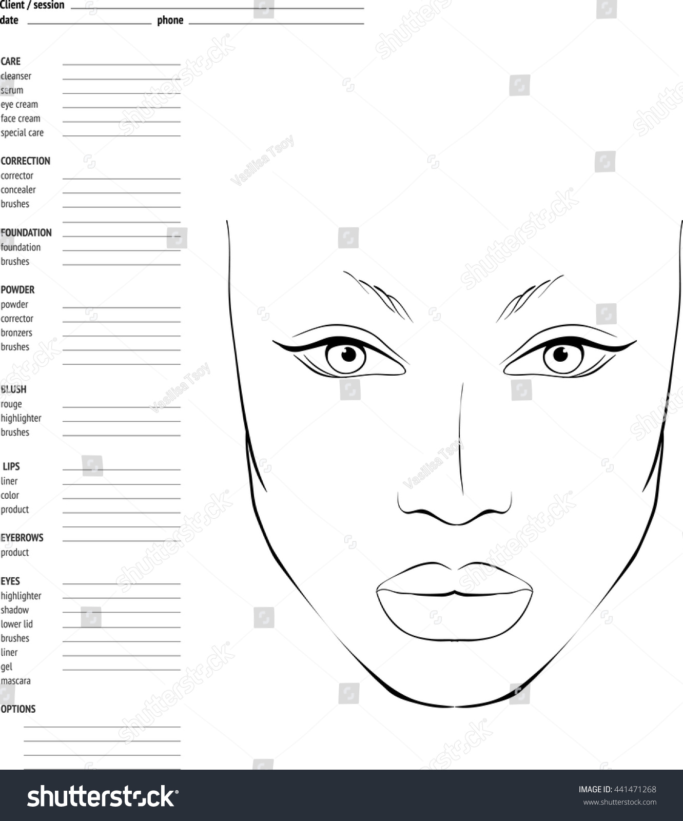 Face Chart Makeup Artist Blank Template Stock Vector 441471268 ...