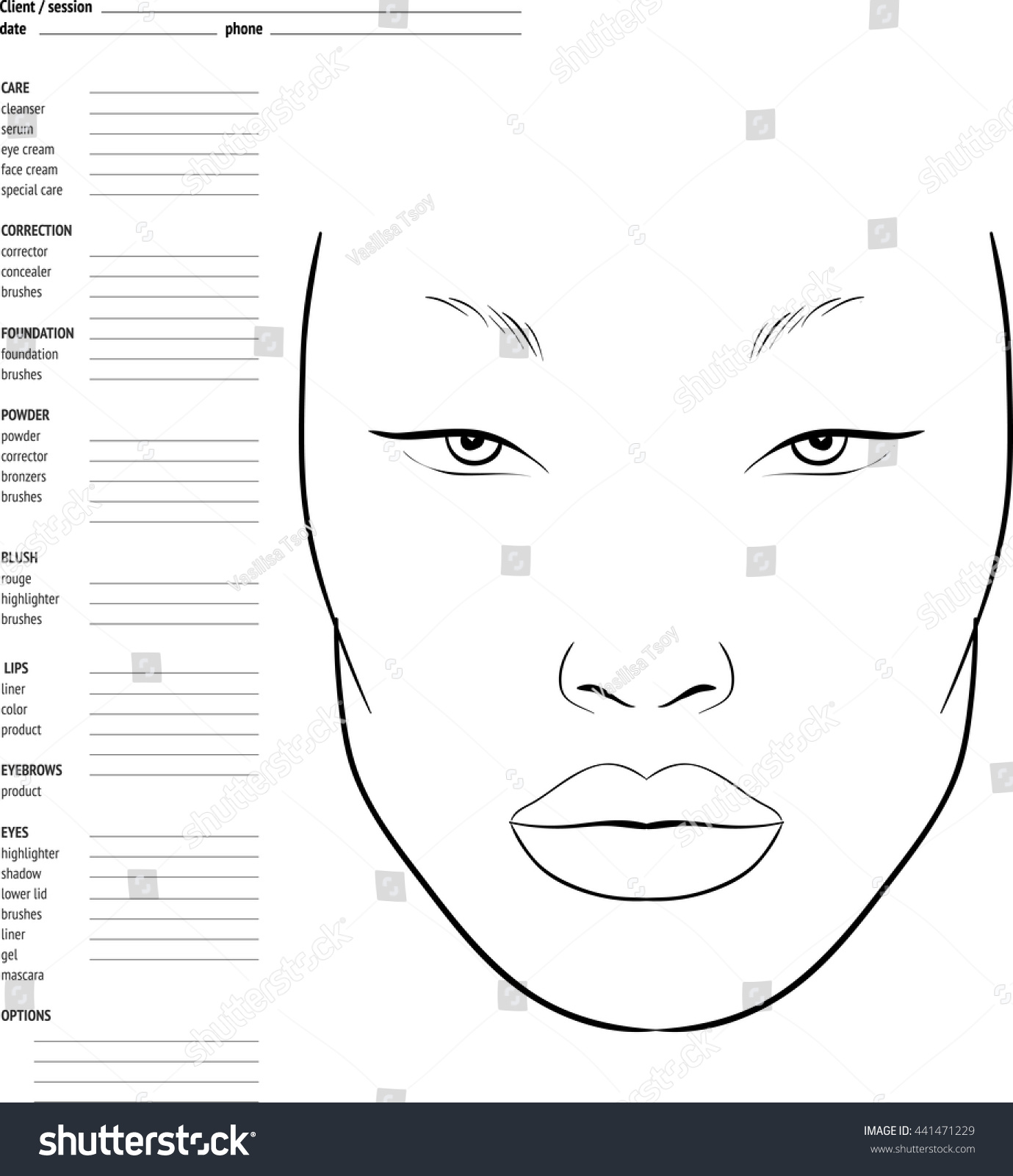 Vektor Stok Face Chart Makeup Artist Blank Template Tanpa Royalti 441471229 Shutterstock