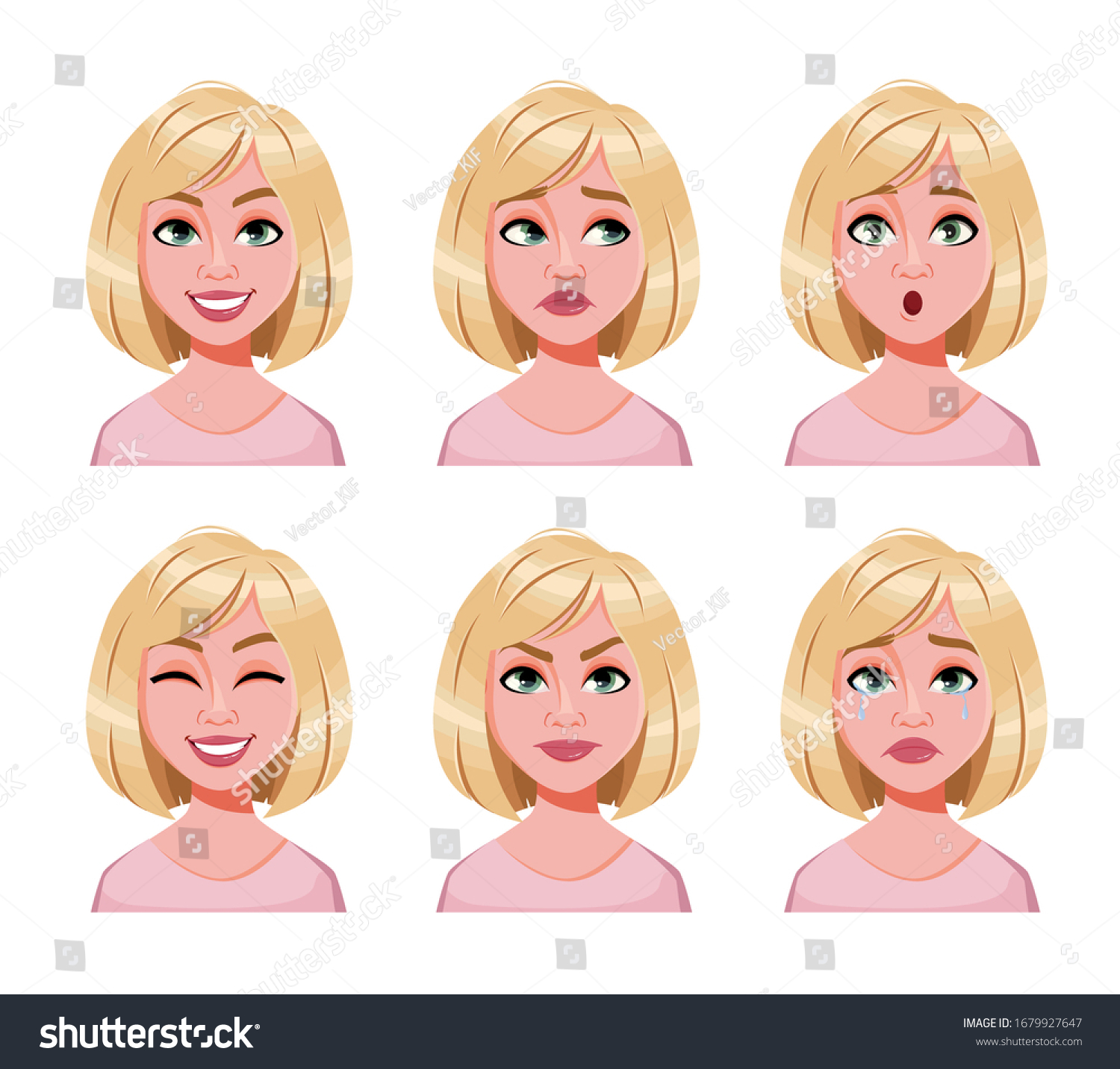 Face Expressions Cute Blonde Woman Different Stock Vector Royalty Free