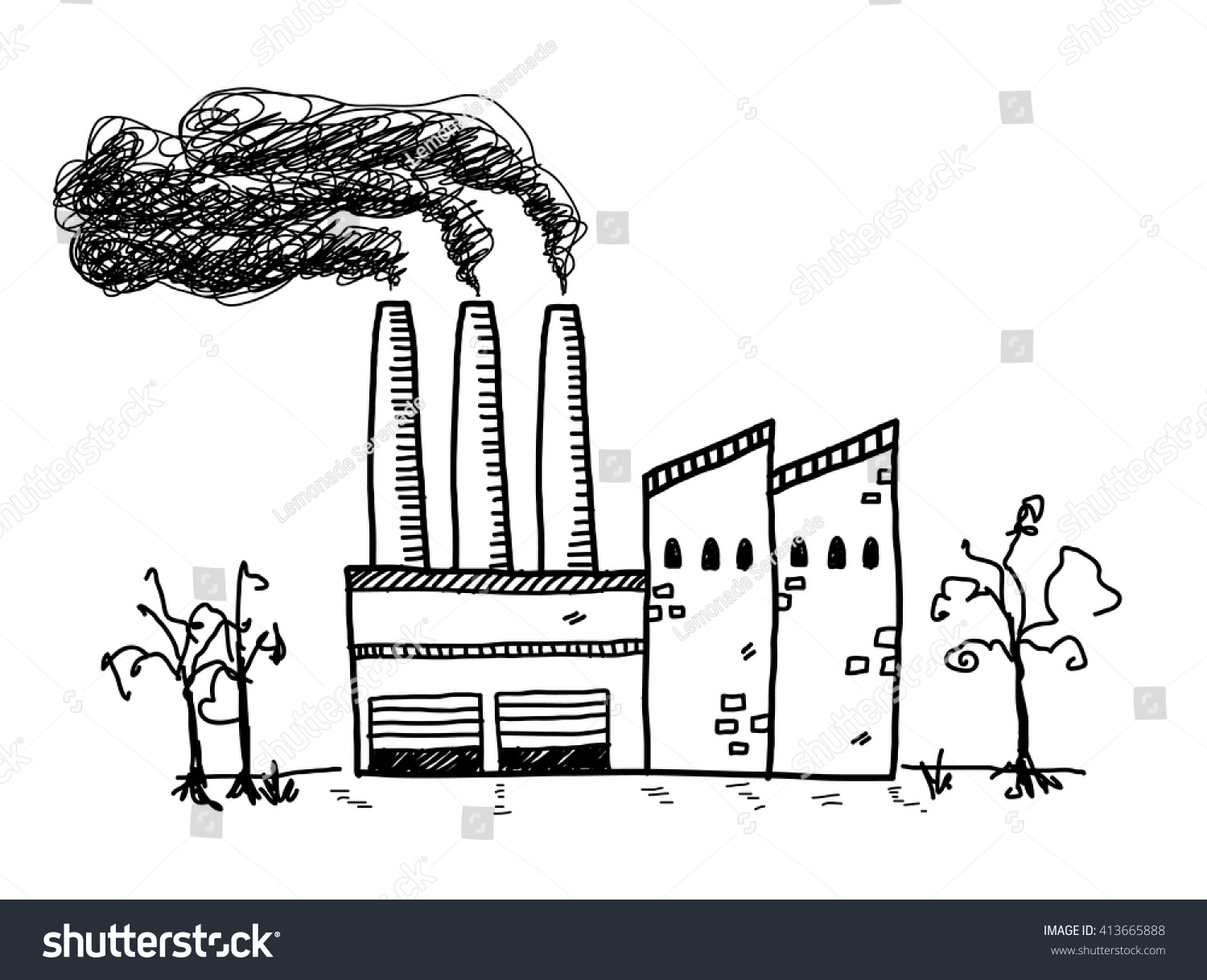 Factory Pollution Hand Drawn Vector Doodle Stock Vector Royalty