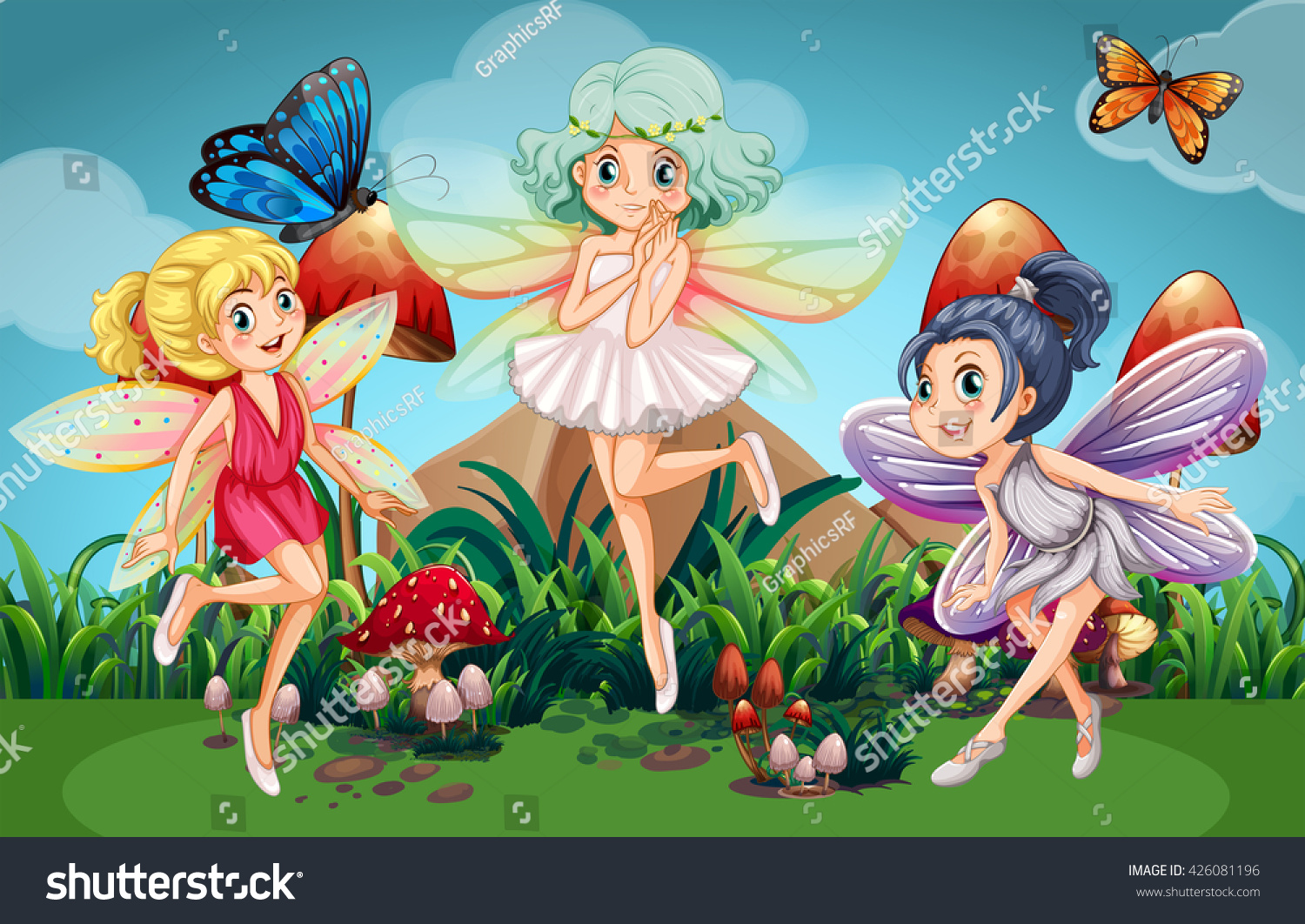 Fairies Flying Garden Butterflies Illustration Stock Vector Royalty Free