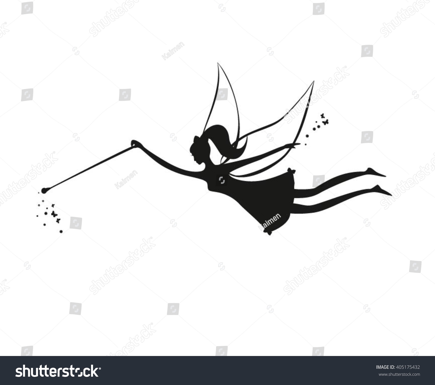 妖精が飛びました 魔法の杖を持つ妖精の黒いシルエット 白い背景に魔法の杖を持つ妖精のベクターイラスト ステンシルの妖精 魔法を持つブラック プリティ フェアリー 杖 のベクター画像素材 ロイヤリティフリー