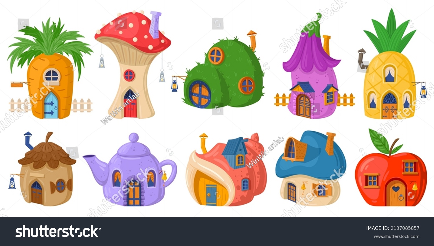SVG of Fairy mushroom house, cartoon fairytale tiny forest house. Fairytale plants, gnomes or hobbit houses vector illustration set. Fantasy cute buildings. Mushroom colorful cartoon magical svg
