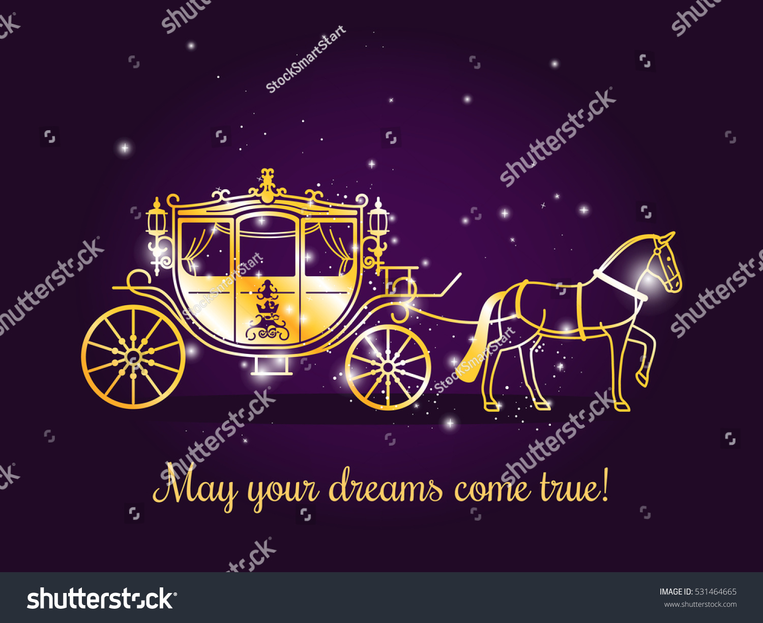 SVG of Fairy tale carriage with horse and sparkles on violet background with text May your dreams come true. Vector illustration. svg