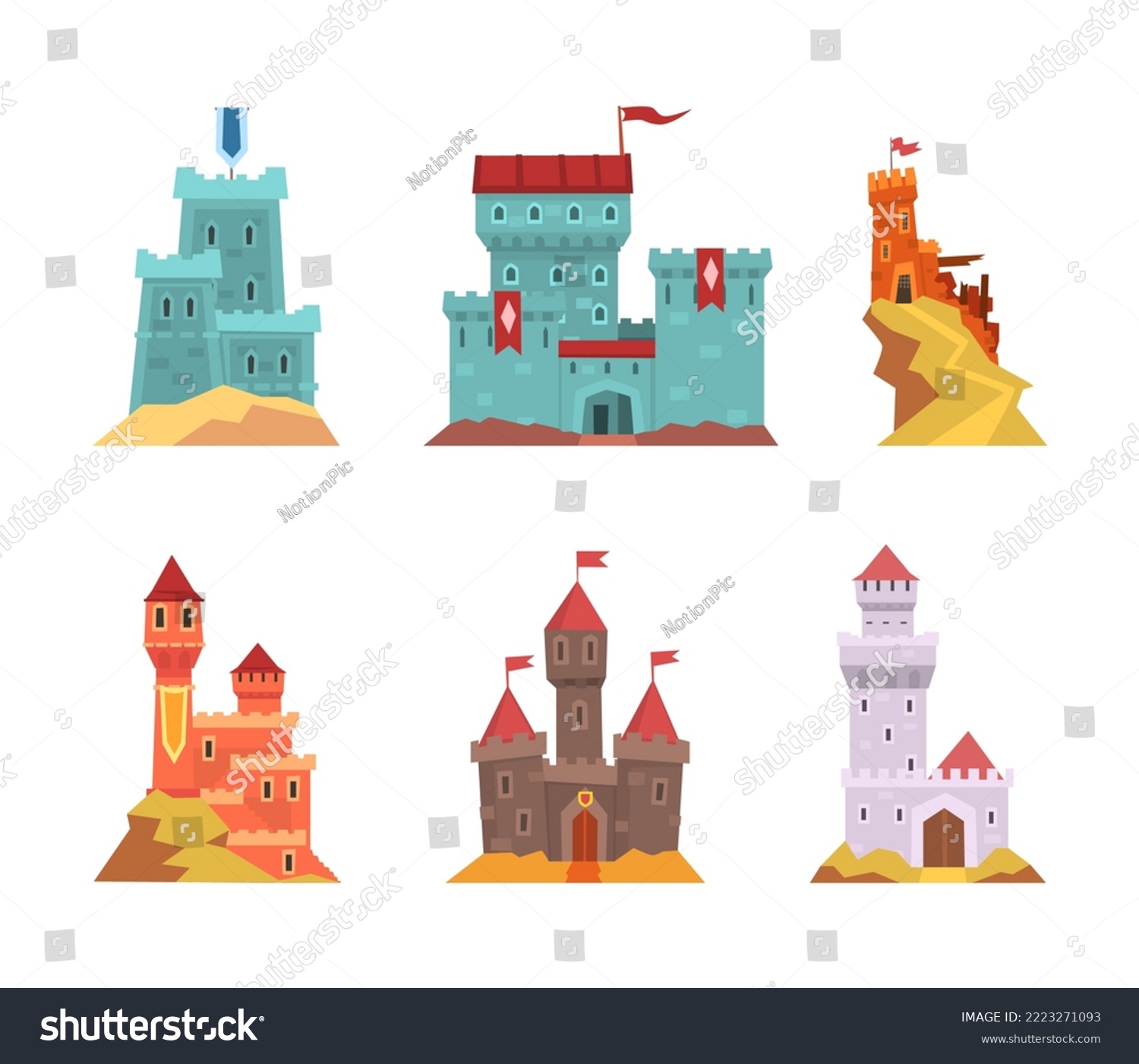 SVG of Fairy Tale Castle with Stone Tower, Castellation Walls and Flags Vector Set svg