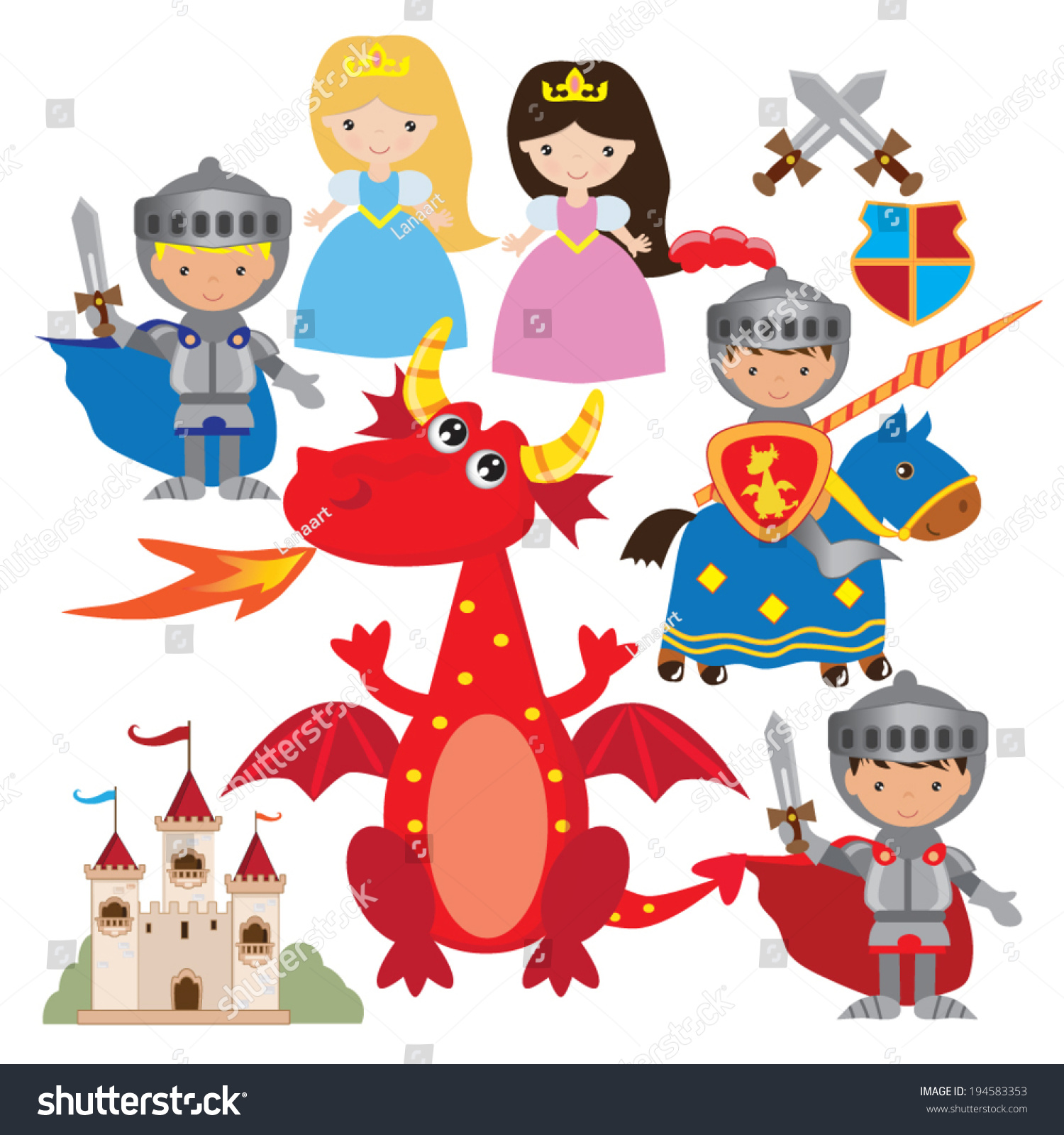 Fairy Tale Medieval Knight, Princess And Dragon Vector Illustration ...