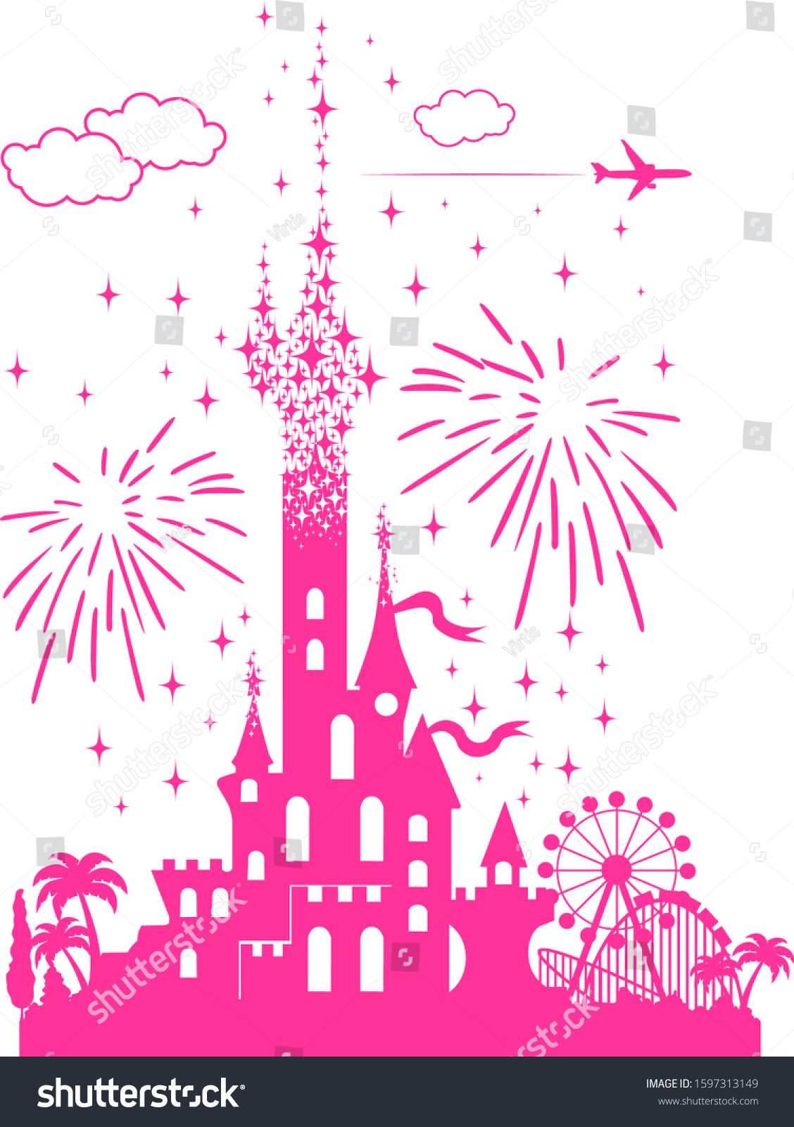 SVG of Fairytail pink castle with a landscape of attractions, fireworks and airliner. Tourist tour for children in an amusement park. Illustration, vector svg
