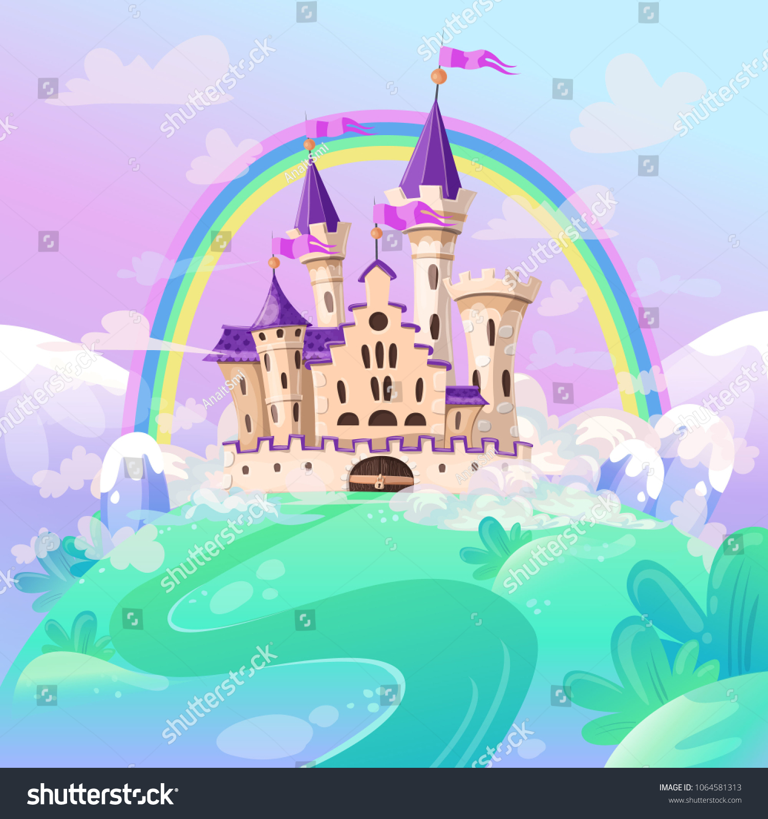 SVG of FairyTale cartoon castle. Cute cartoon castle. Fantasy fairy tale palace with rainbow. Vector illustration. svg