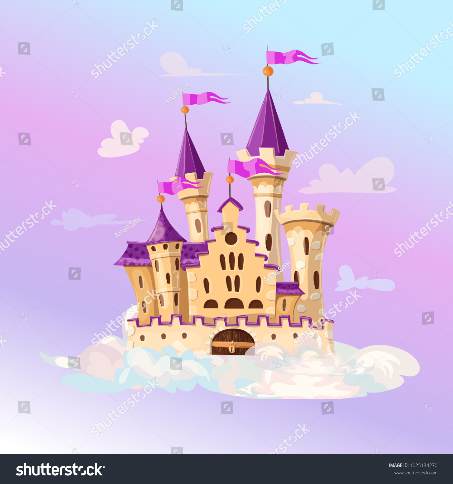 SVG of FairyTale cartoon castle. Cute cartoon castle. Fantasy flying island with fairy tale palace in clouds. Vector illustration svg