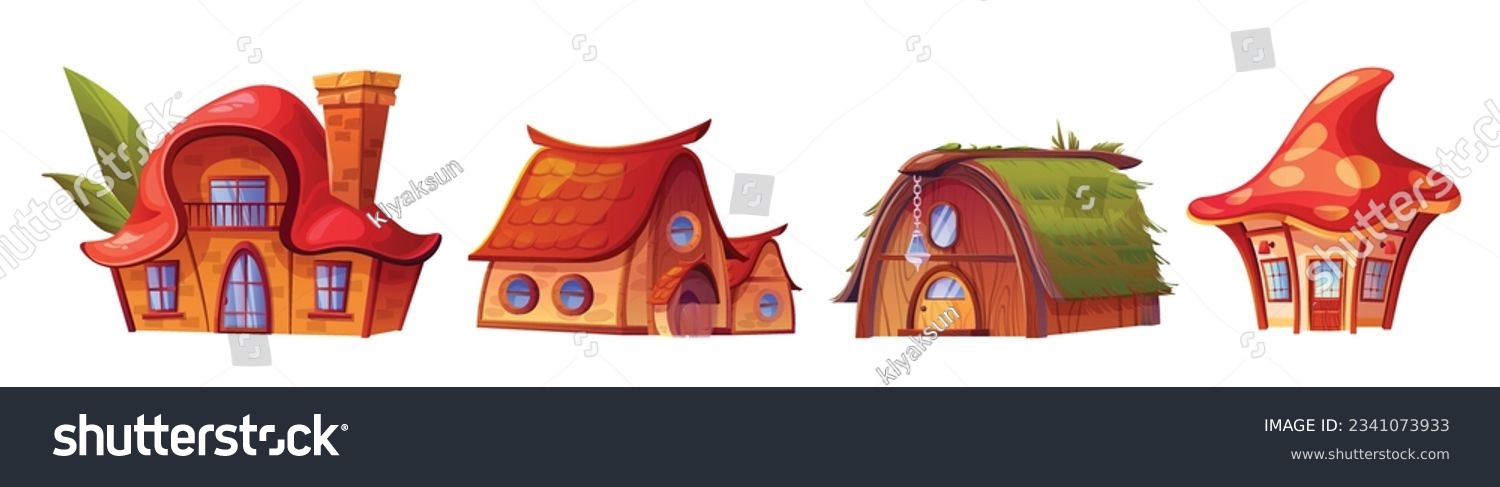 SVG of Fairytale cartoon vector fantasy house building set. Cute magic mushroom home icon illustration. Isolated fairy tale little wooden cottage or shop exterior. Elf and gnome residence collection svg