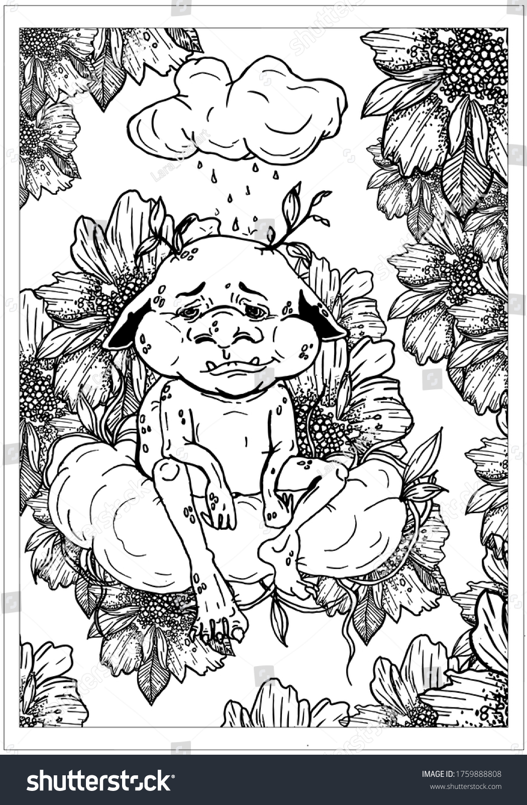 SVG of Fairytale character, tired Troll with sad look, with protruding teeth and drooping ears, with round nose and sprouting leaves from his head, sits on big cloud under rain surrounded by large flowers. svg