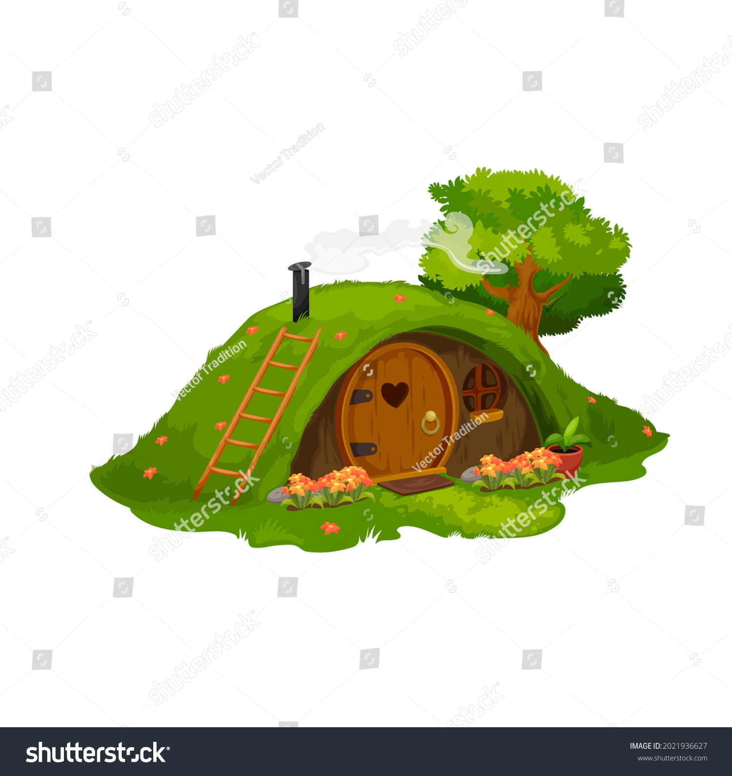 SVG of Fairytale hobbit or dwarf house, vector home under green hill. Fairy dwelling with round wooden door, flowers under window and steaming pipe. fantasy Gnome cute cartoon building in mound with grass svg