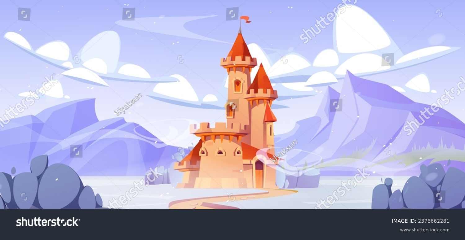 SVG of Fairytale king castle near rocky mountains in winter under snow. Cartoon ancient palace with gate, towers and flag in middle of snowy meadow at hills. Pathway leads to entrance to royal medieval house svg