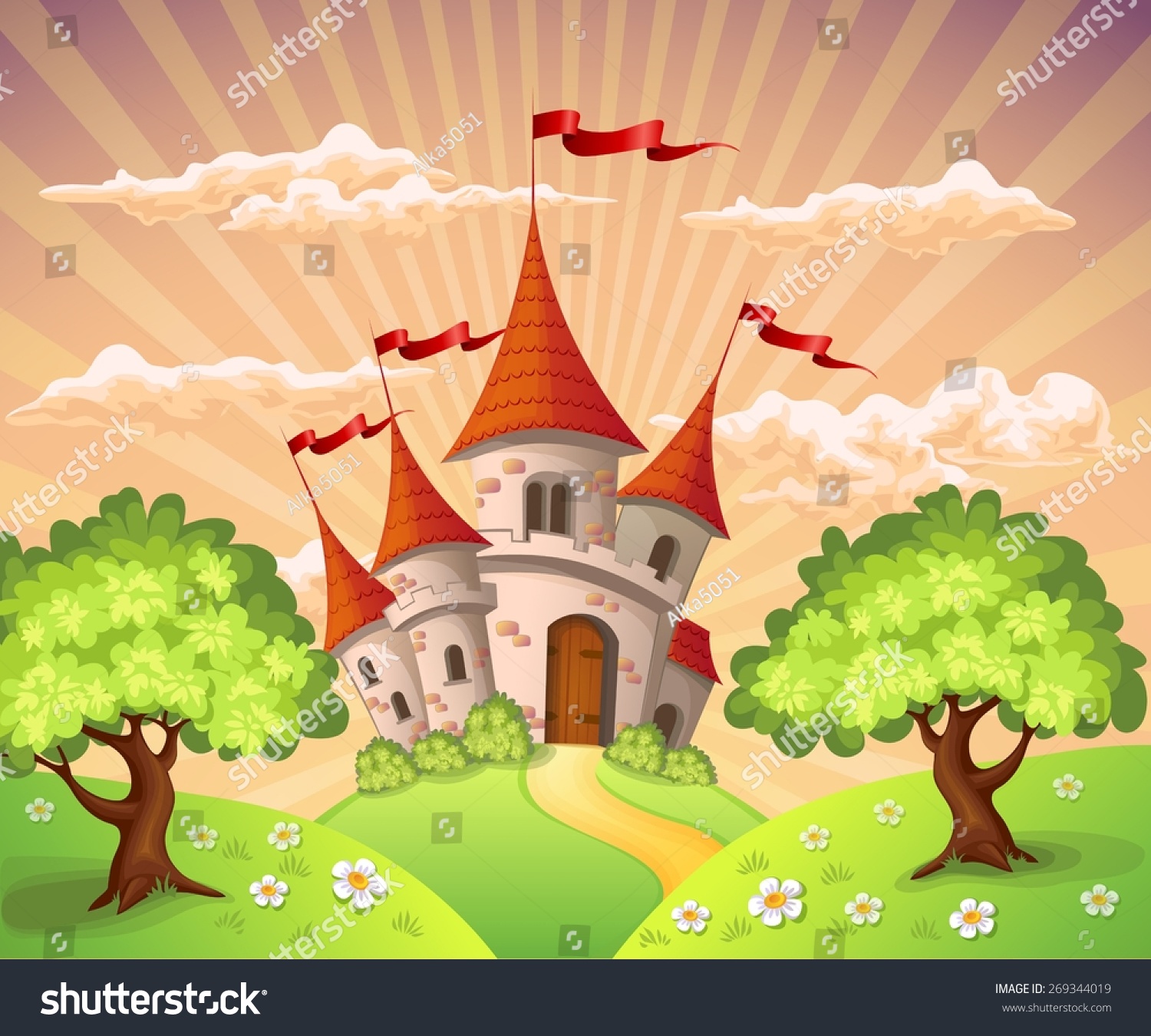 SVG of Fairytale landscape with castle. Vector illustration svg