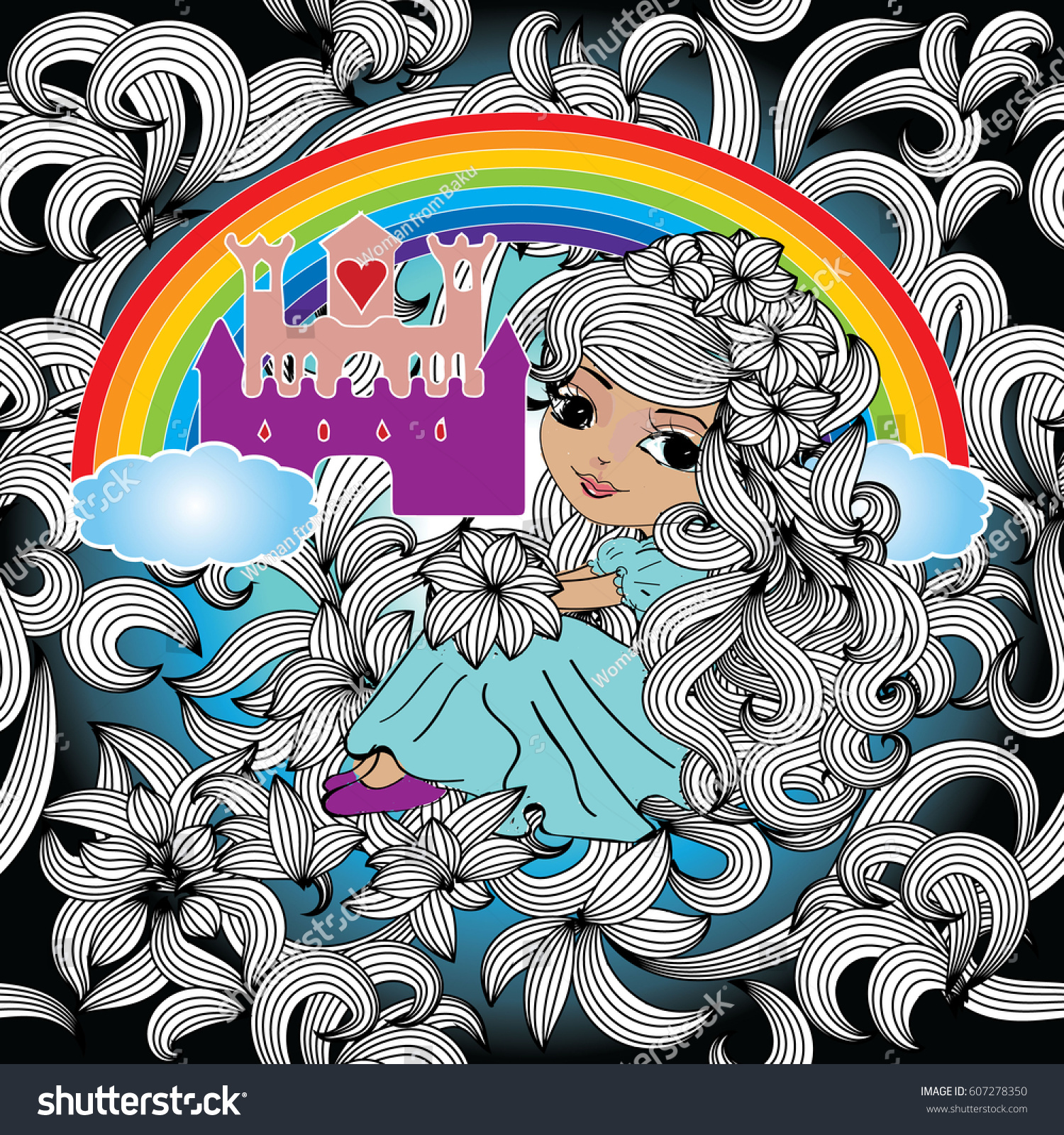 SVG of Fairytale seamless pattern. Floral background wallpaper illustration with colorful rainbow, princess castle, little beautiful girl with long curly hairs and flowers. Vector texture for fabric,prints svg