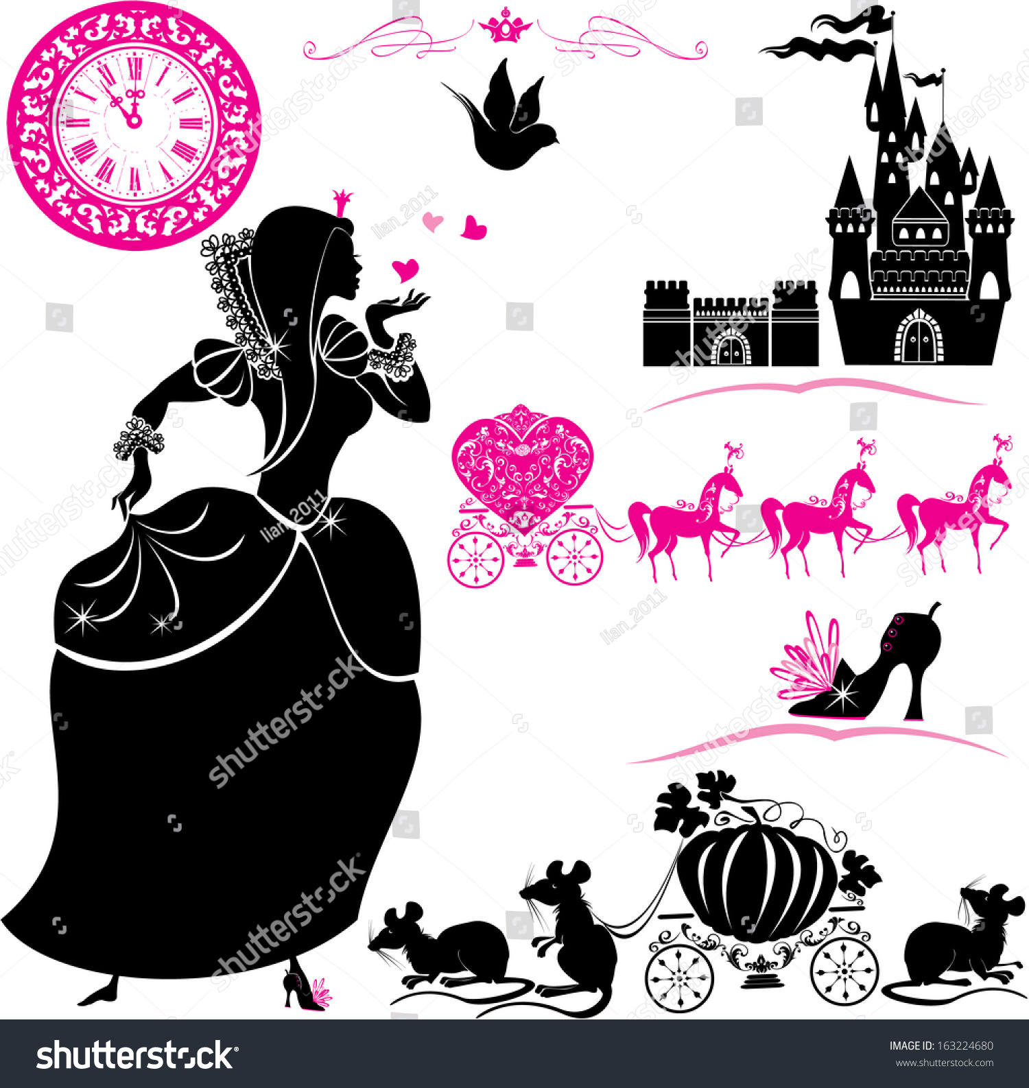 SVG of Fairytale Set - silhouettes of Cinderella, Pumpkin carriage with mouses, castle and clock. svg