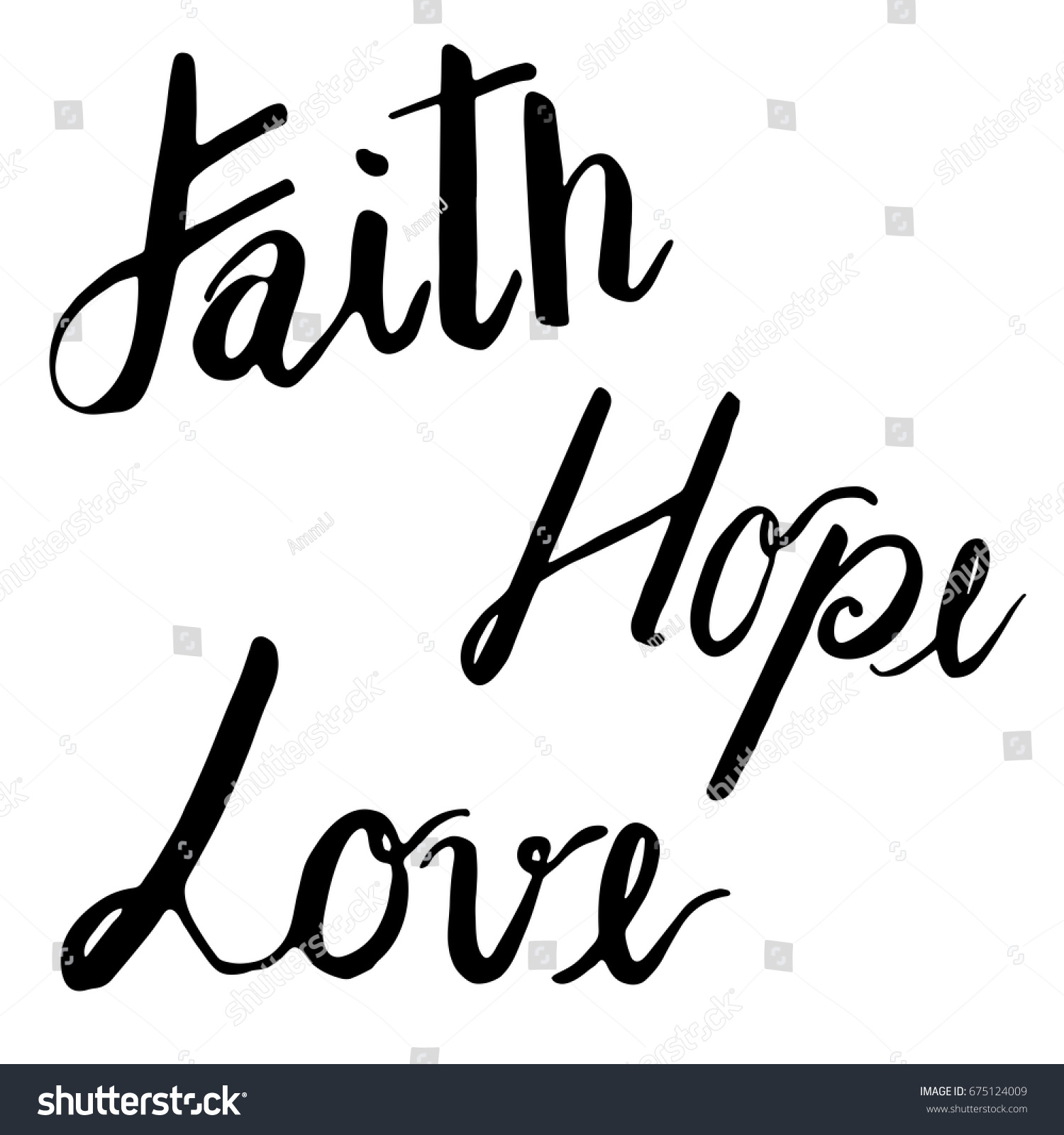 Faith Hope Love calligraphy word design from Bible verse inspiration in color black and white