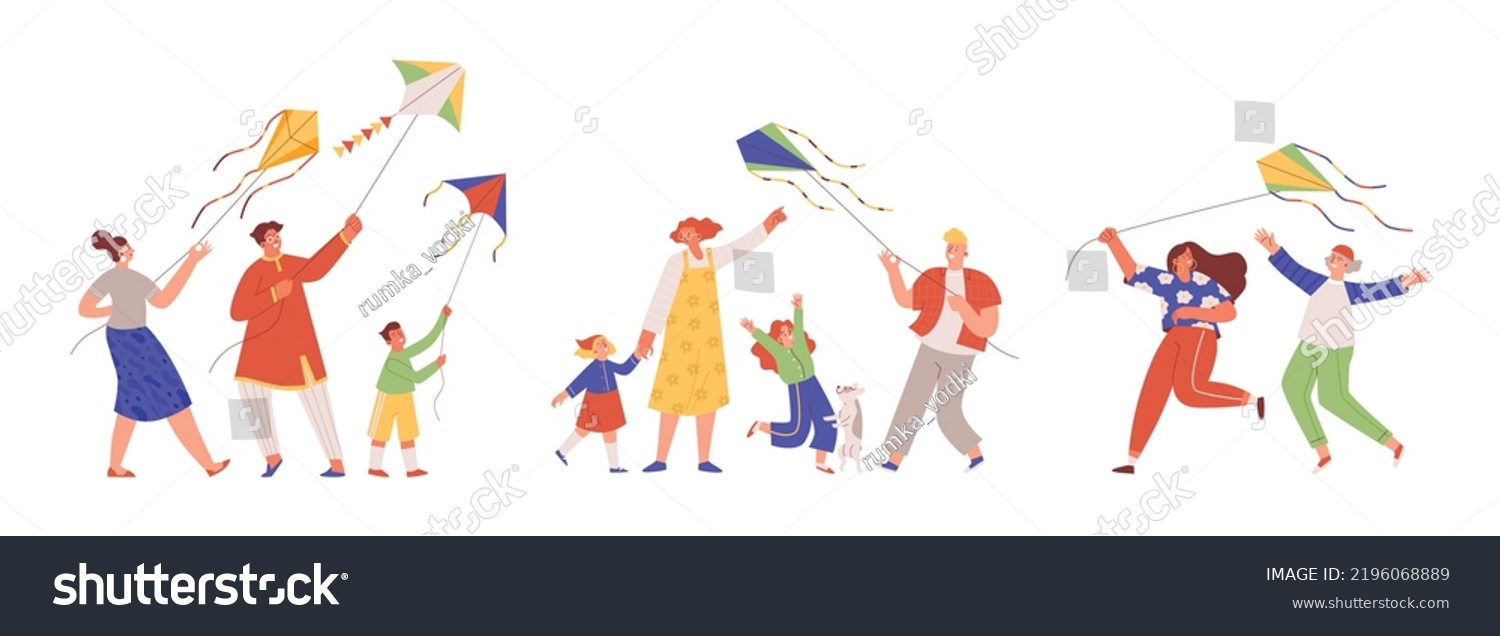 SVG of Families with children and couples playing with kite, cartoon characters set flat vector illustration isolated on white background. Happy people having fun together. svg