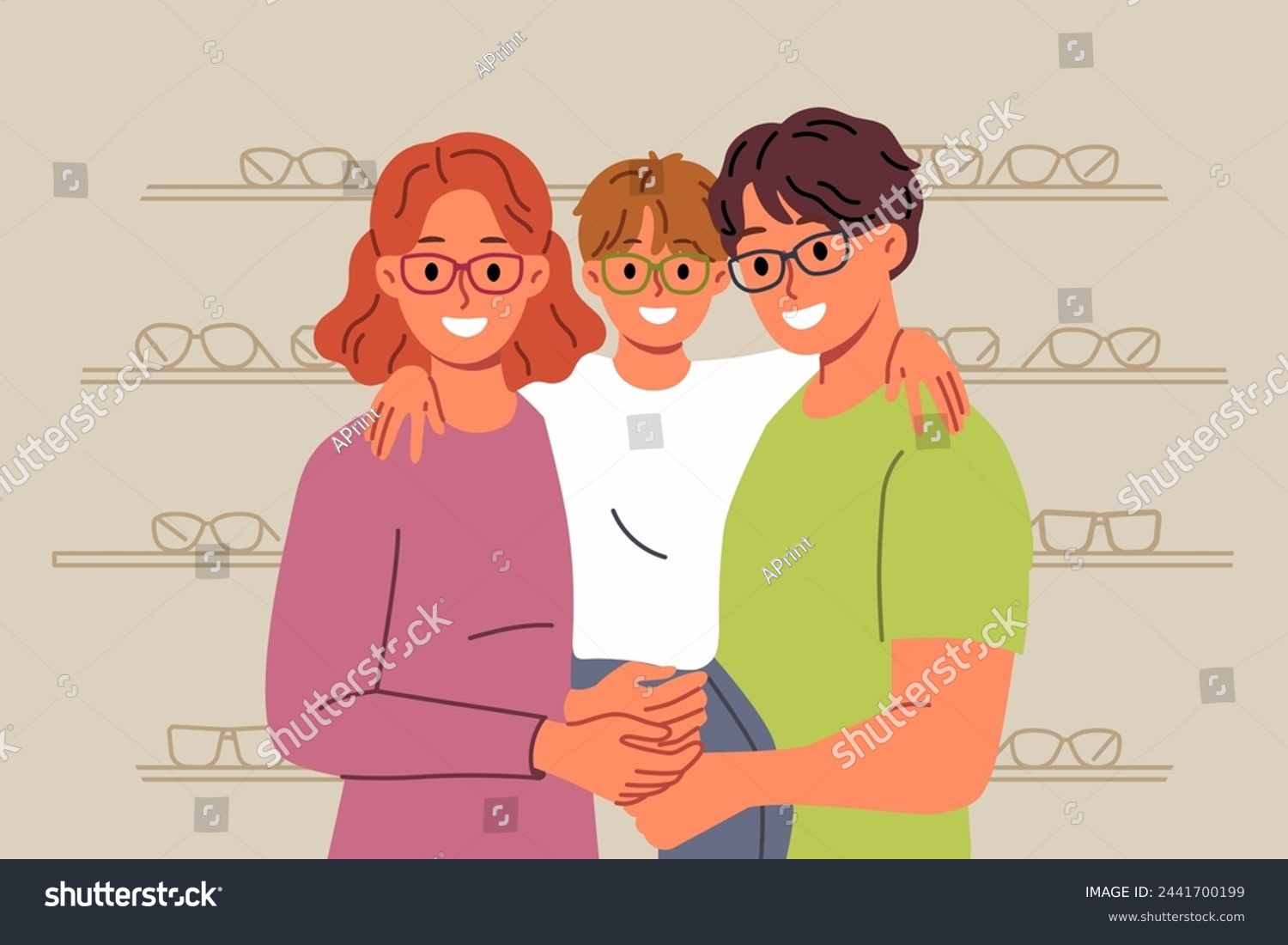 SVG of Family chooses new glasses for son, standing in ophthalmological store with happy boy in arms. Positive mom and dad use ophthalmological services to correct poor vision in little child svg