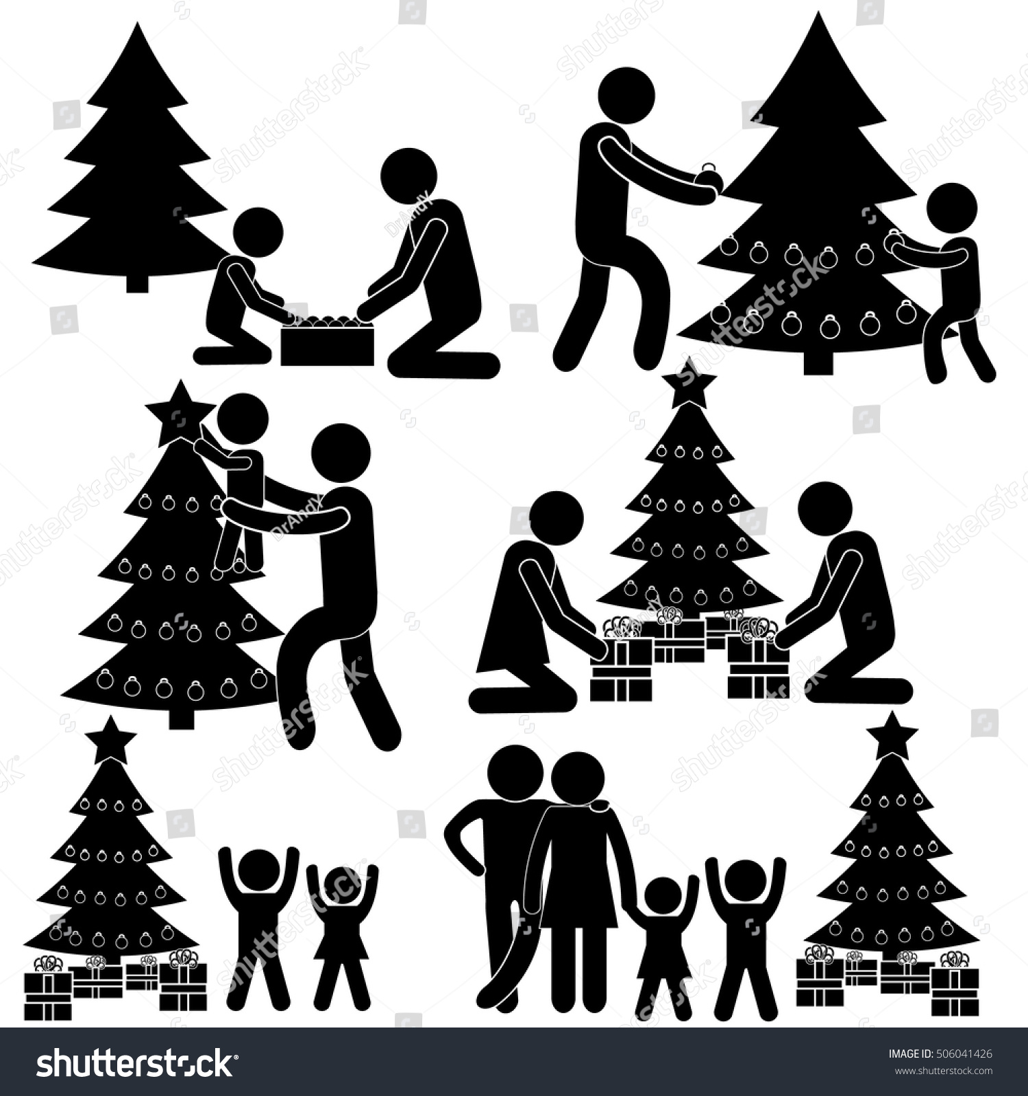Family Decorating New Year Christmas Tree Stock Vector ...
