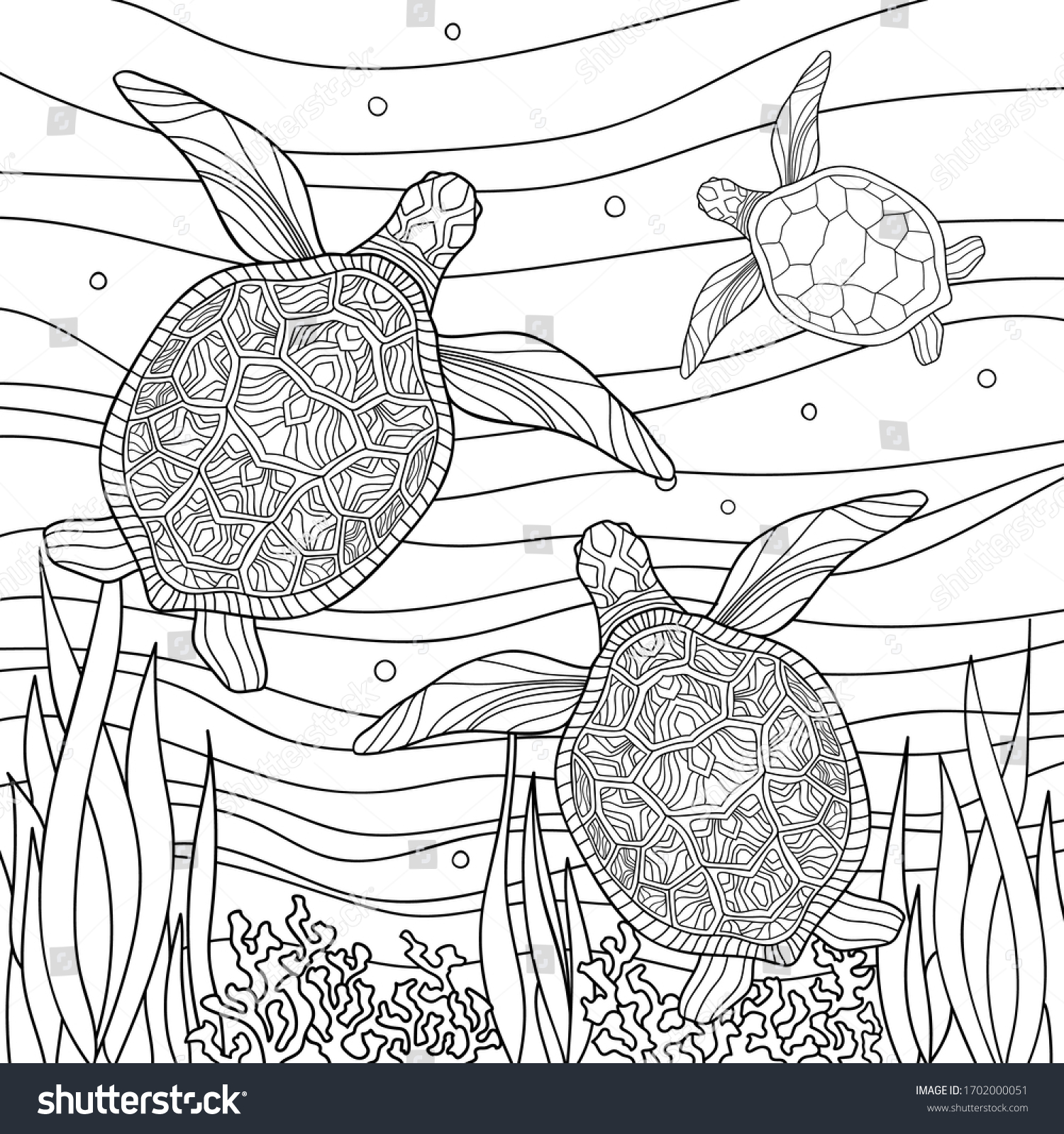 SVG of Family of turtles with small patterns in underwater world with corals and algae on white isolated background. Sea hand drawn illustration. For kids and adults coloring book pages. svg