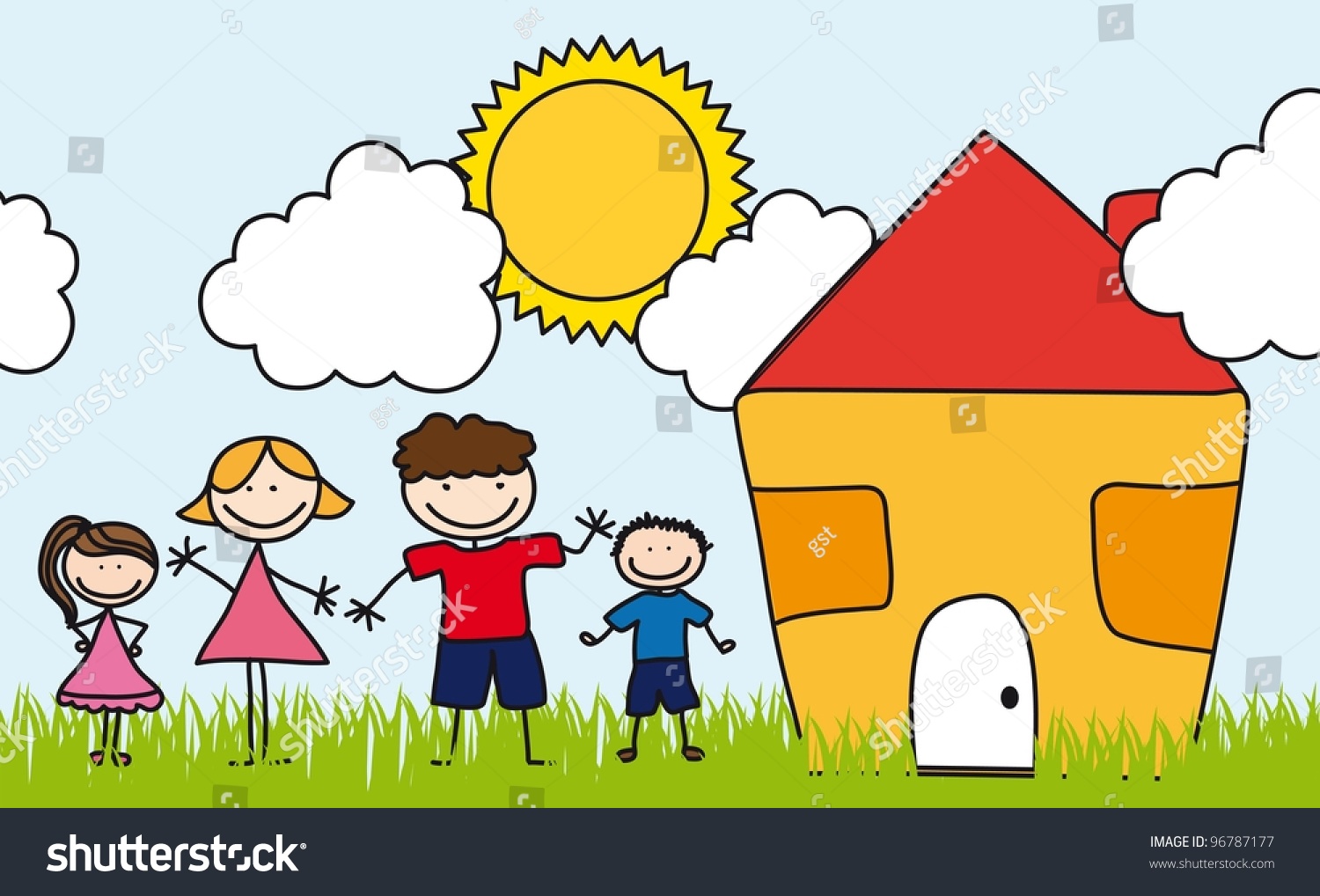 Family Over Landscape House Drawing Vector Stock Vector 96787177