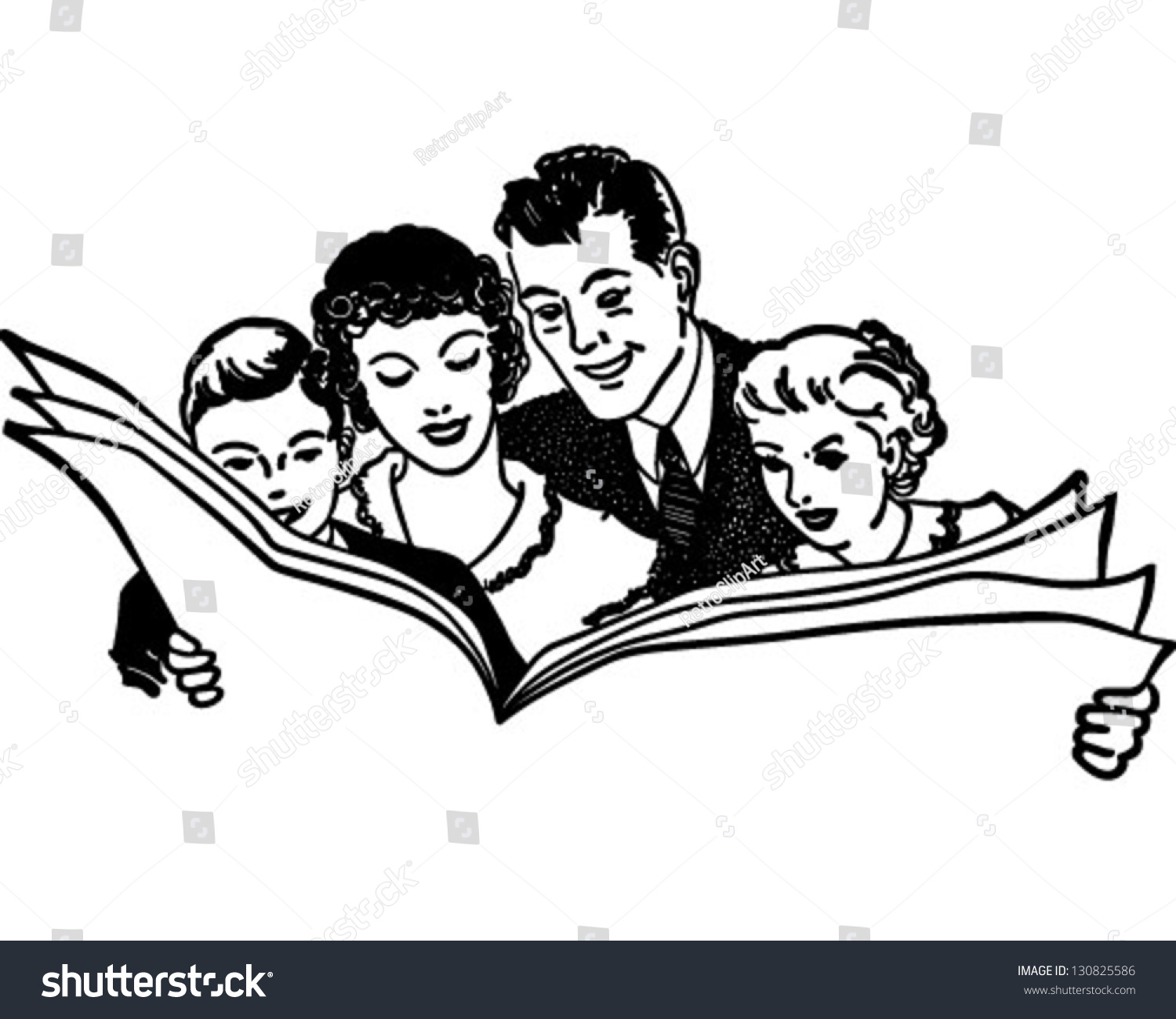 Family Reading Newspaper Retro Clip Art Stock Vector Royalty Free