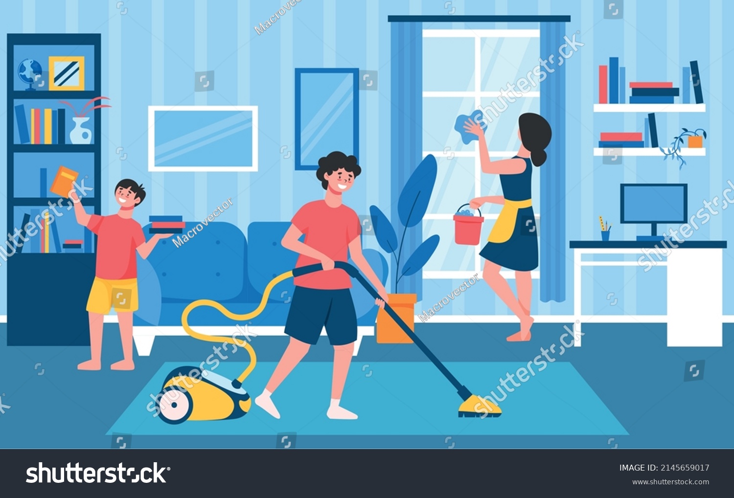 Family Routine Cleaning Composition Living Room Stock Vector (Royalty ...